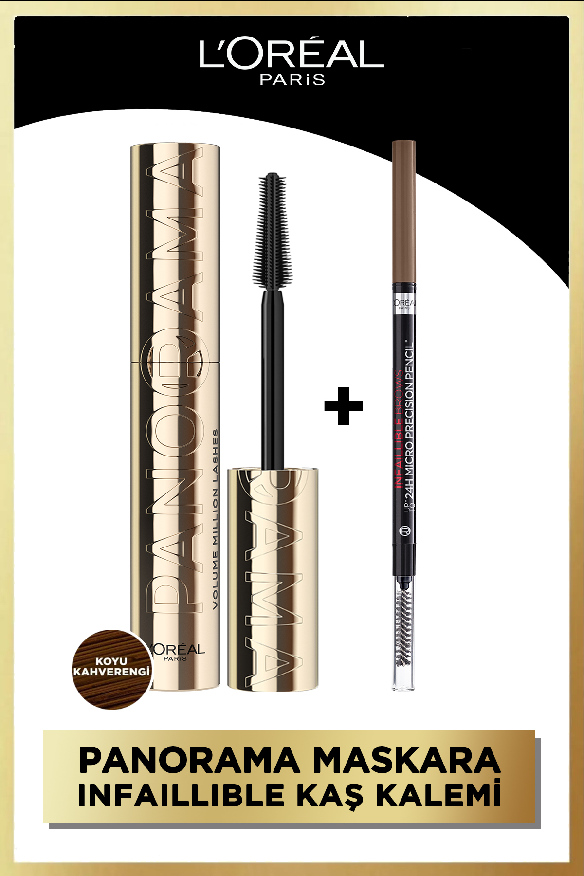 L'Oreal Paris Panorama Hacim Veren Maskara Koyu Kahverengi + Infaillible 24H Micro Precision Kaş Kalemi - Brunette