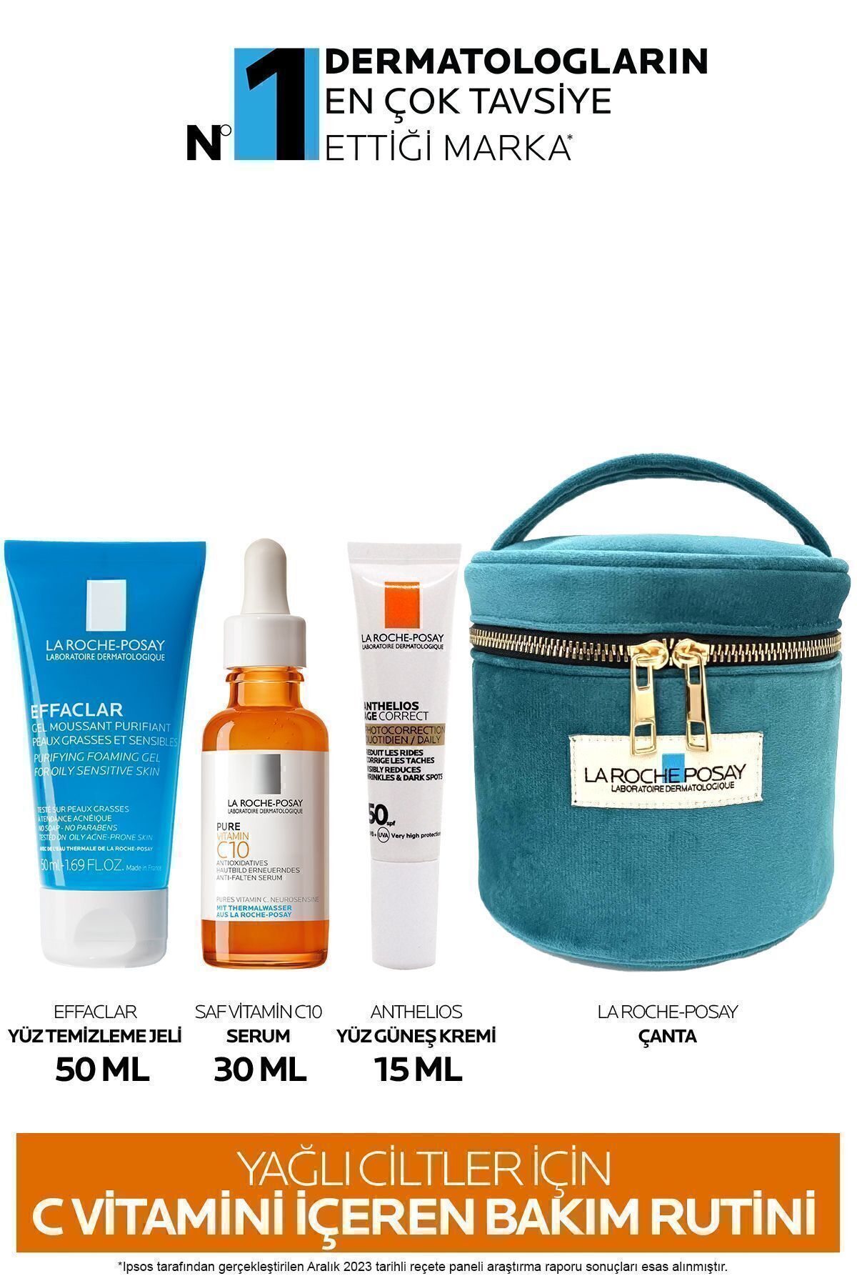 La Roche Posay Yağlı Ciltler İçin Cilt Bakım Seti: Effaclar Temizleme Jeli & C Vitamini Serum& Güneş Kremi & Çanta