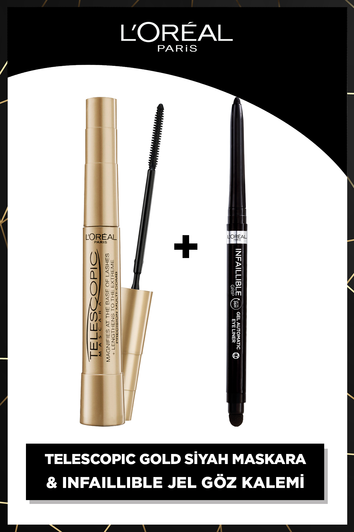 L'Oreal Paris Telescopic Gold Siyah Maskara & Infaillible Automatic Jel Göz Kalemi - Siyah