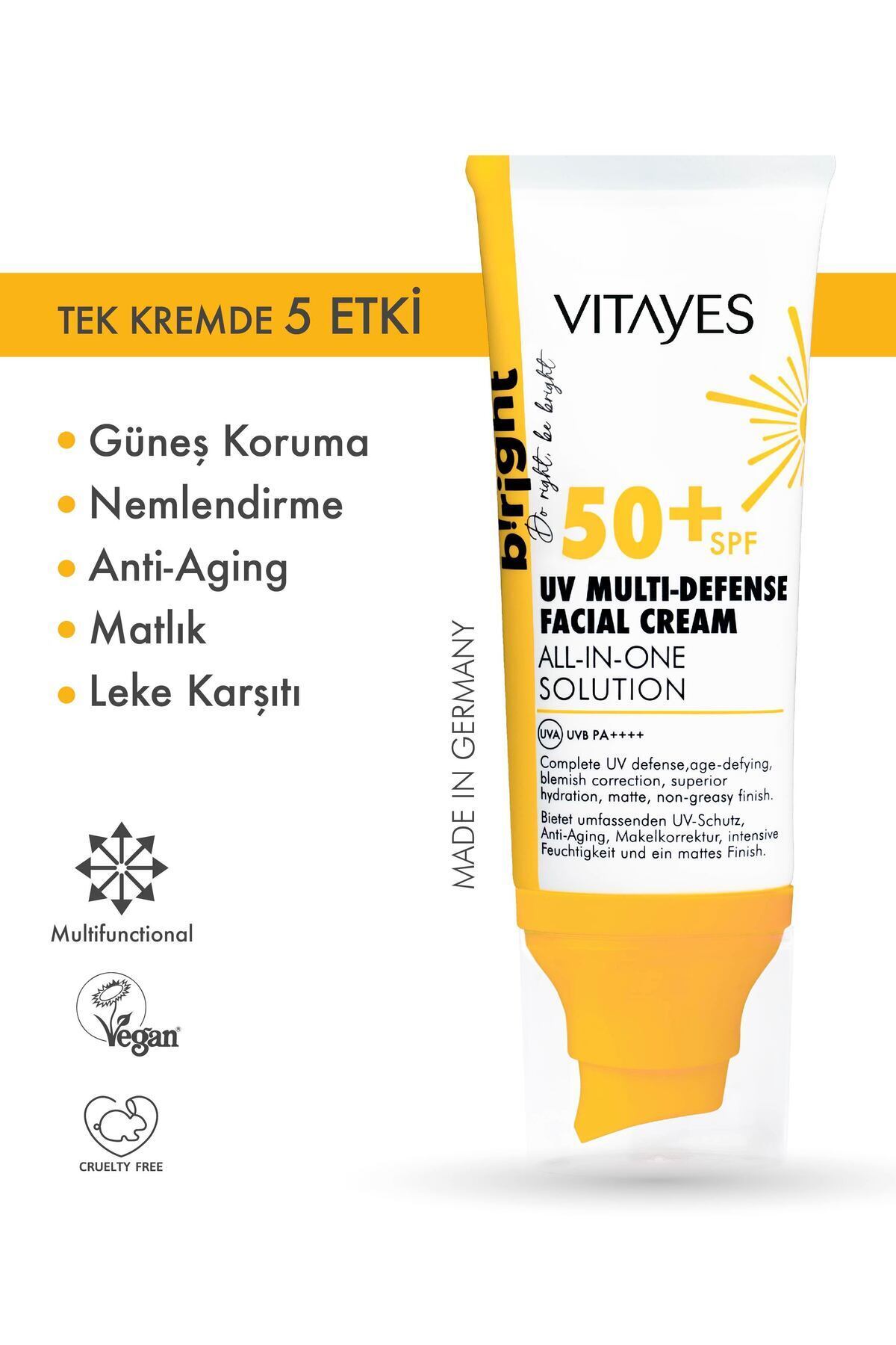 VITAYES Yüz Güneş Kremi Spf50 Çok Fonksiyonlu Yüksek Uv Koruma Yaşlanma Karşıtı Nemlendirme Cilt Bakımı 50ml