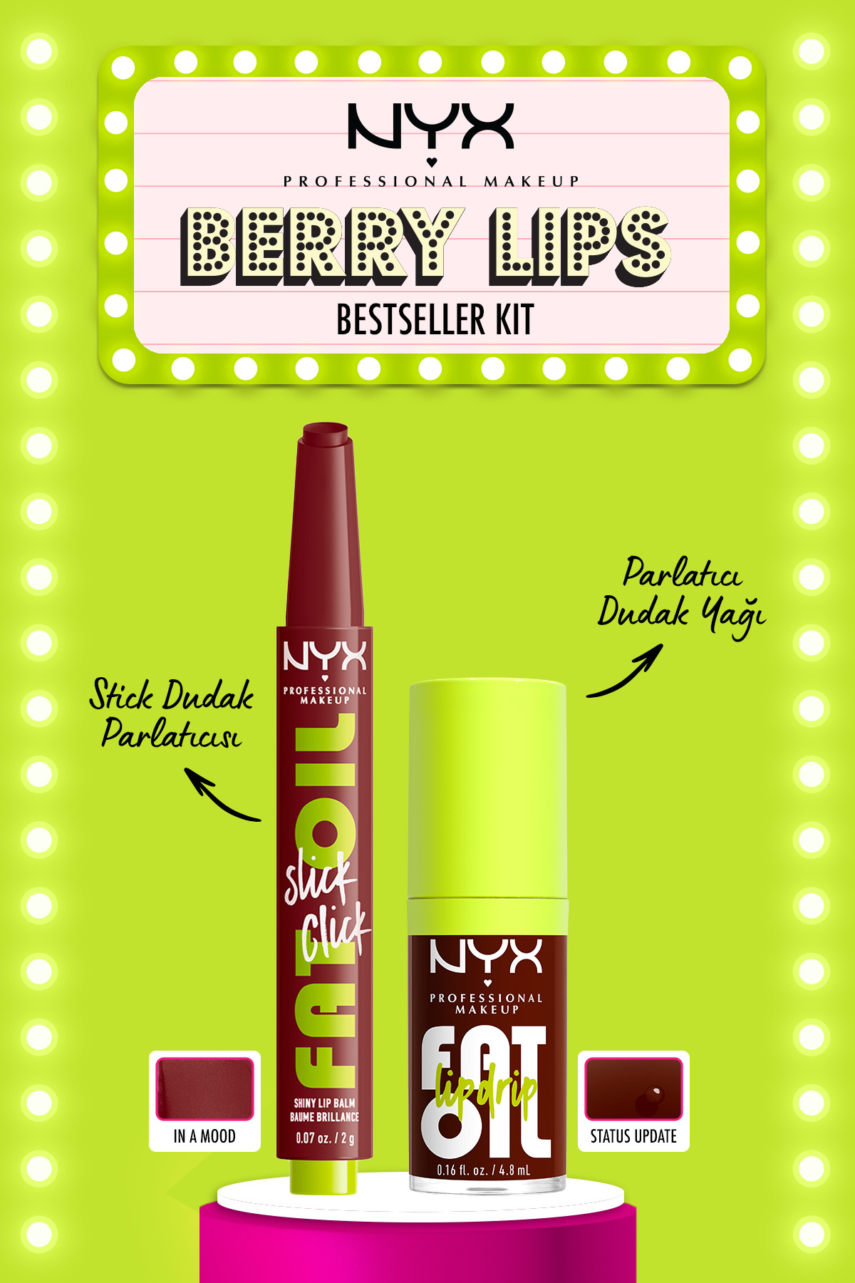 NYX Professional Makeup Fat Oil Lip Drip Parlatıcı Dudak Yağı Status Update & Slick Click 11 Parlatıcı Dudak Balmı