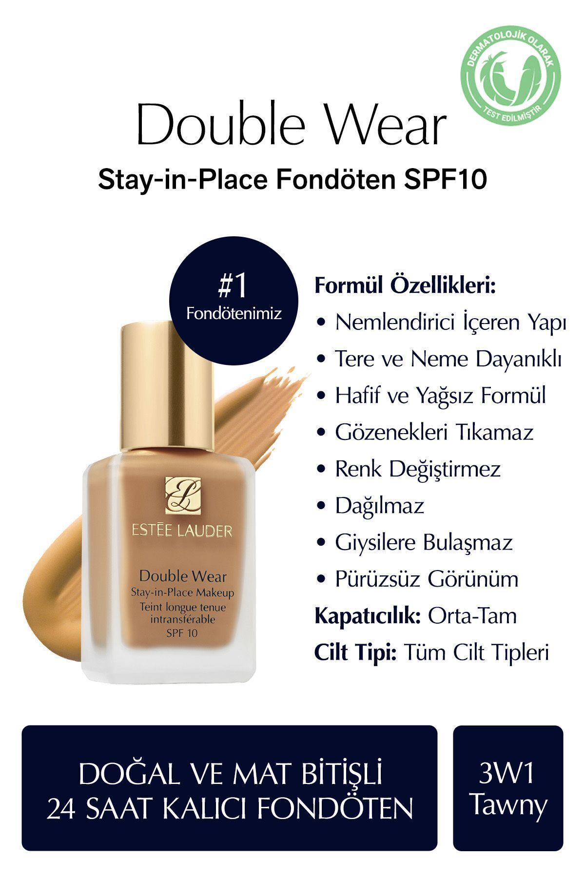 Estee Lauder Natural and Matte Finish - Double Wear Stay-in-Place Foundation SPF 10 (3W1 Tawny) - 30 ml