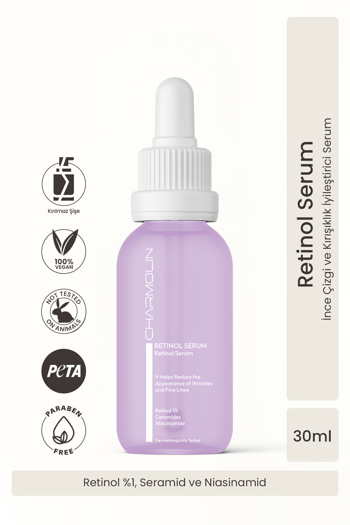 CHARMOLİN Yaşlanma Ve Kırışıklık Karşıtı Aydınlatıcı Yenileyici Niacinamide Ceramides %1 Retinol Serum 30 ML