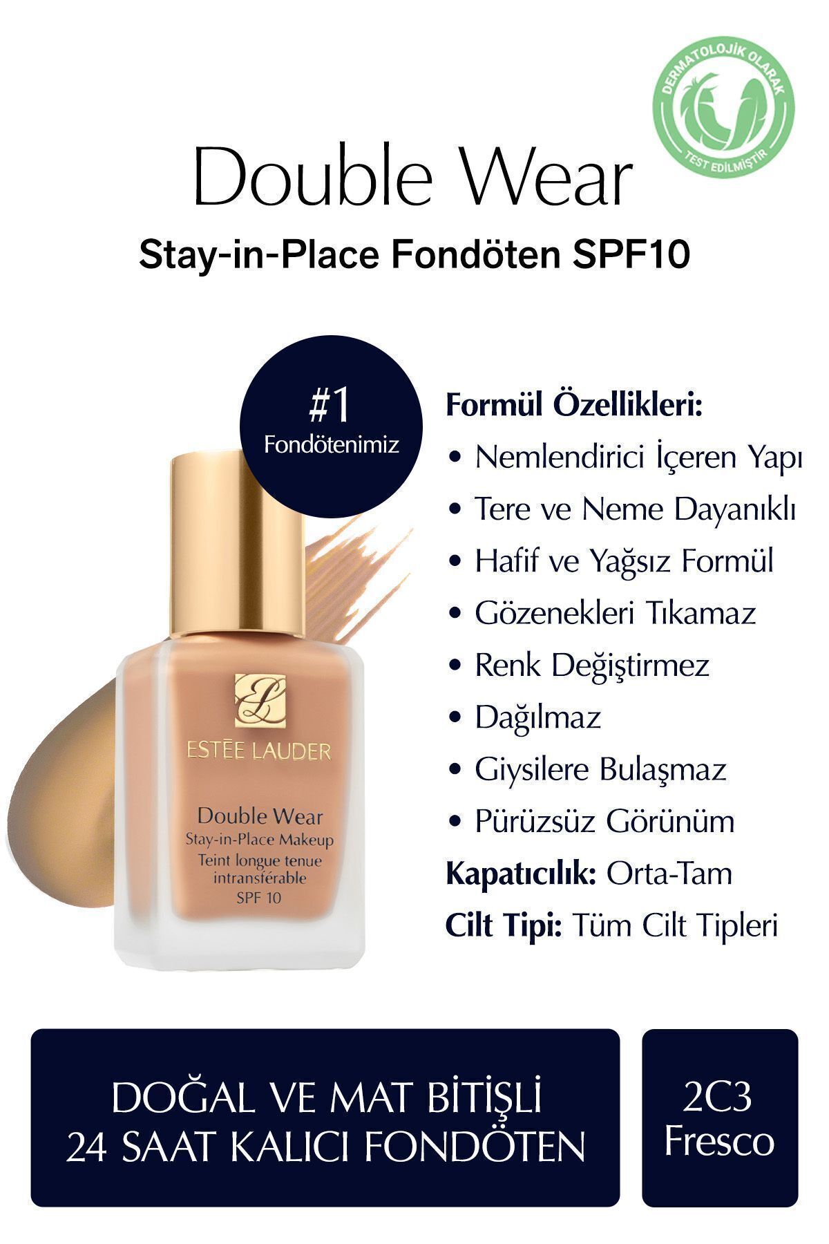 Estee Lauder Natural and Matte Finish - Double Wear Stay-in-Place Foundation SPF 10 (2C3 Fresco) - 30 ml