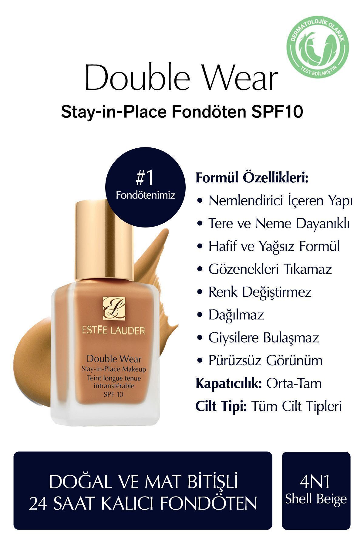 Estee Lauder Natural and Matte Finish - Double Wear Stay-in-Place Foundation SPF 10 (4N1 Shell Beige) - 30 ml