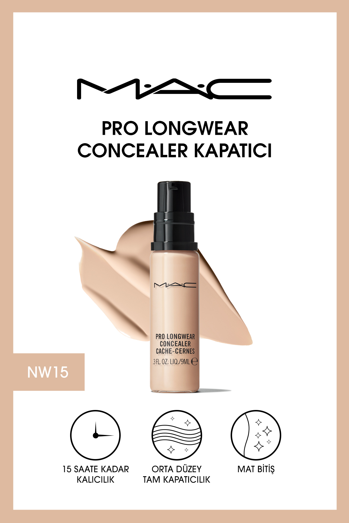 M.A.C 15 Saate Kadar Kalıcı Orta Kapatıcılıkta Göz Altı Kapatıcısı - Pro Longwear Concealer Nw15 - 9ml
