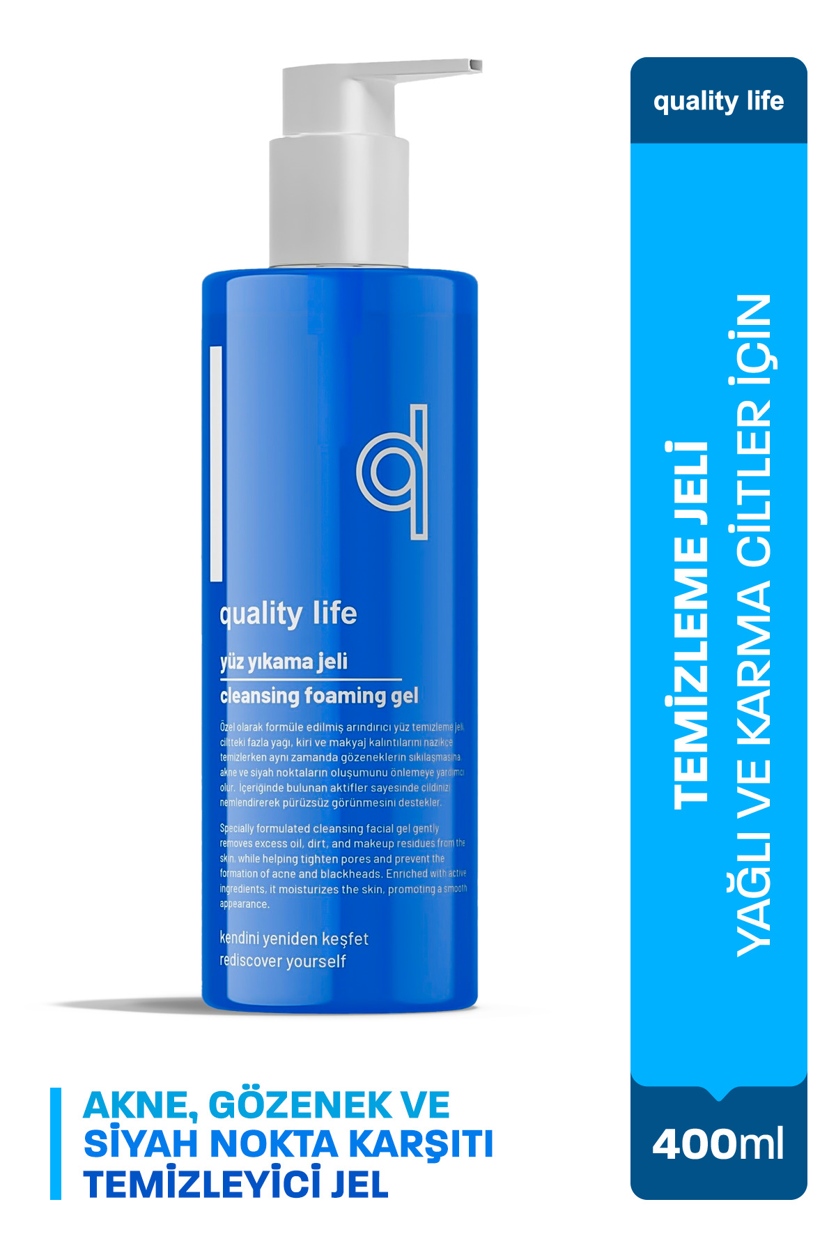 Quality Life Yüz Temizleme Jeli 400 ML Yağlı Karma Ciltler İçin Sivilce Ve Akne Karşıtı Siyah Nokta Yıkama Jeli