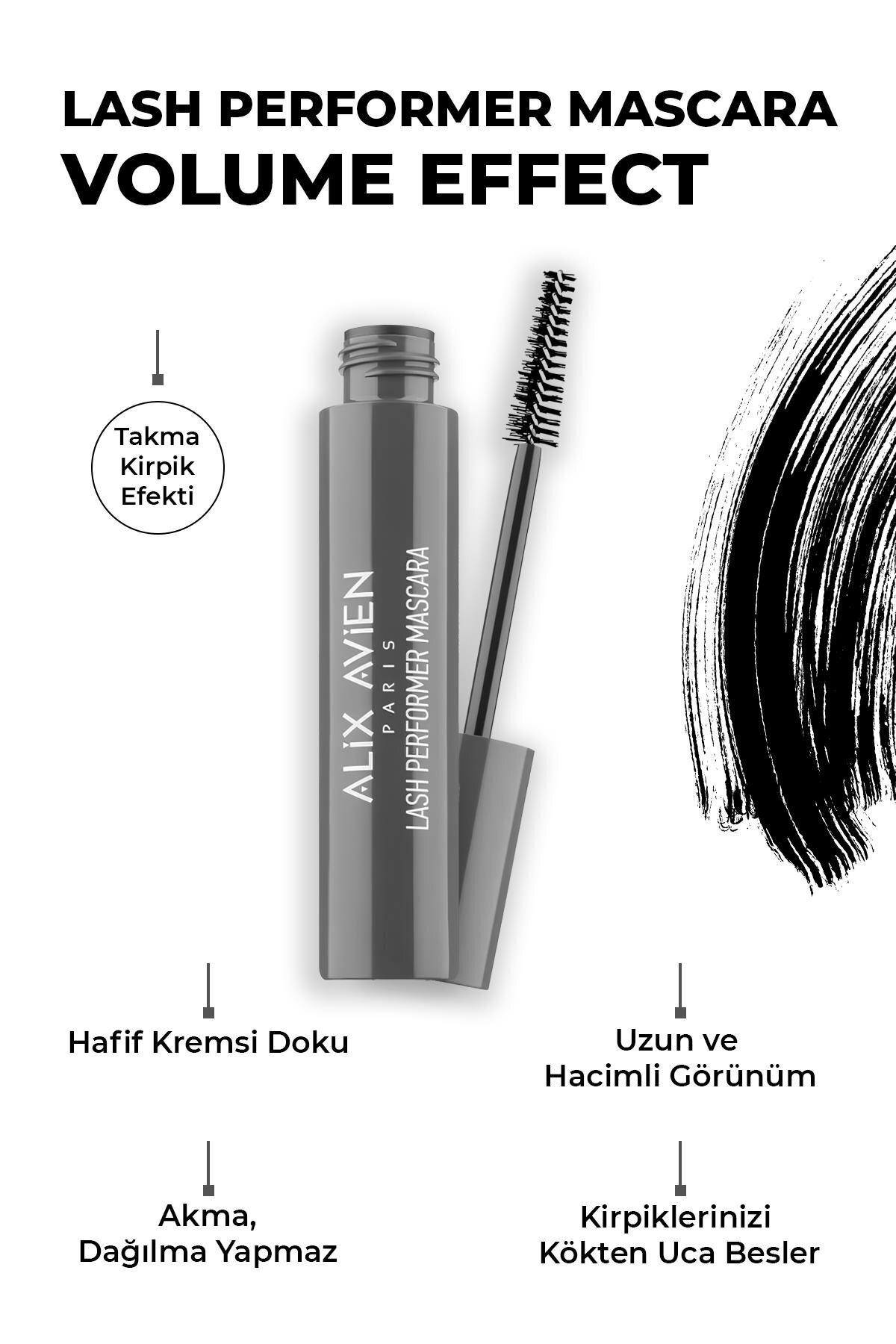 Alix Avien Dolgun Kirpik Etkili Topaklanmayan Kıvrımlar,Ekstra Hacimli Siyah Maskara - Lash Performer Mascara