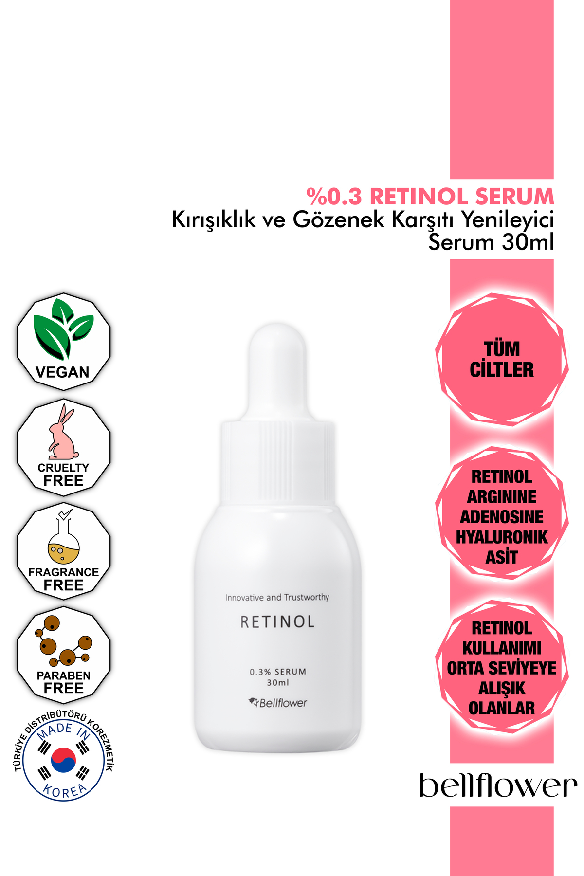 Bellflower %0,3 Retinol İçeren Kırışıklık Karşıtı Ve Gözenek Karşıtı, Yenileyici Serum 30ml