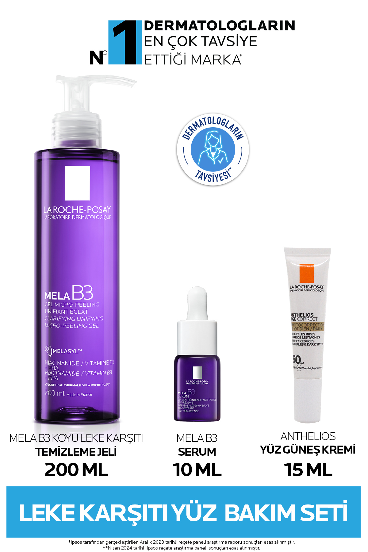 La Roche Posay Leke Karşıtı Cilt Bakım Seti:Mela Temizleme Jeli 200ML&Mela Serum10ML&Age Correct Güneş Kremi 15ML