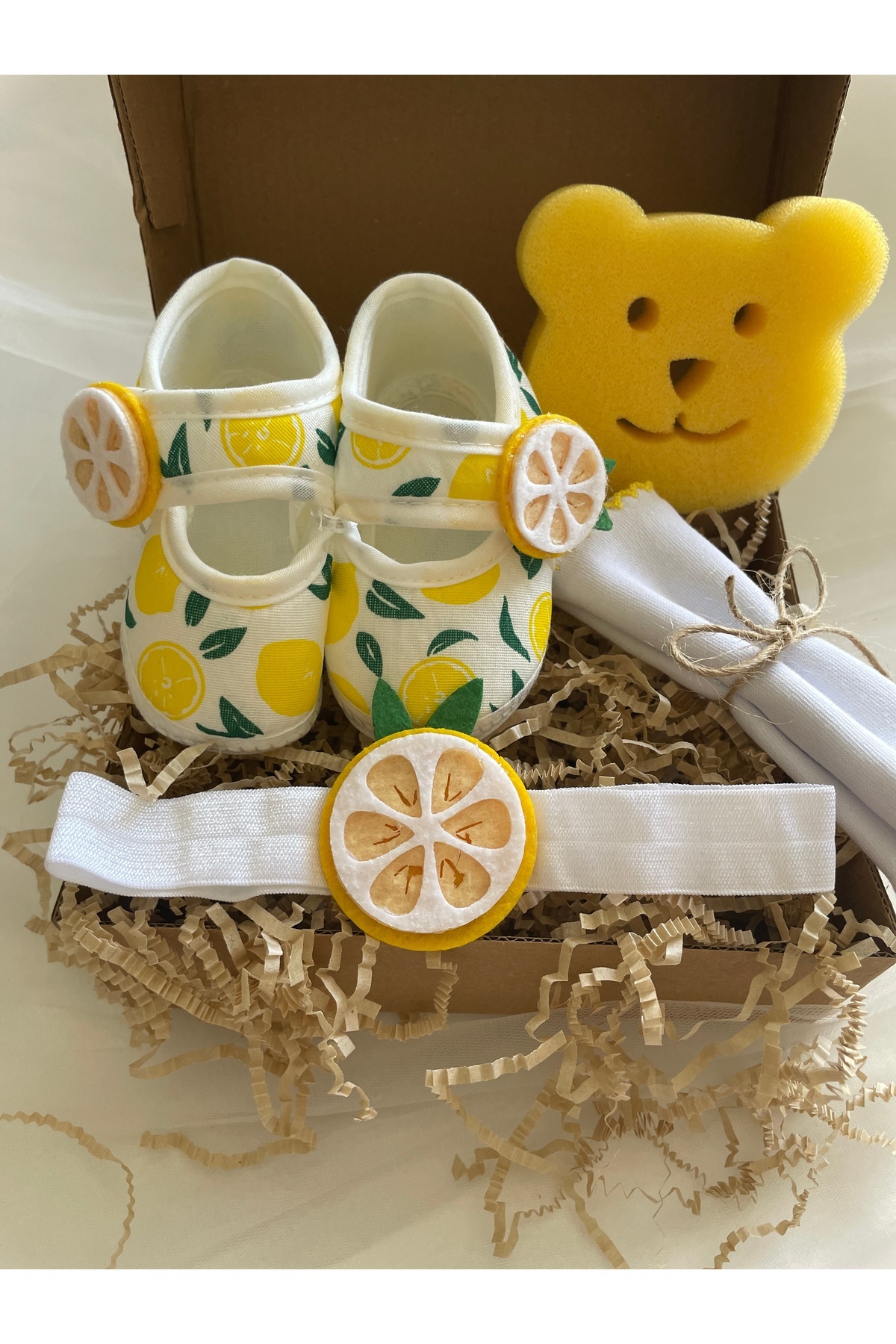 MASALBABY Kız Bebek Limonlu Saç Bantlı Patik / Yenidoğan Hediyelik / Limonlu Bandanalı Bebek Patik