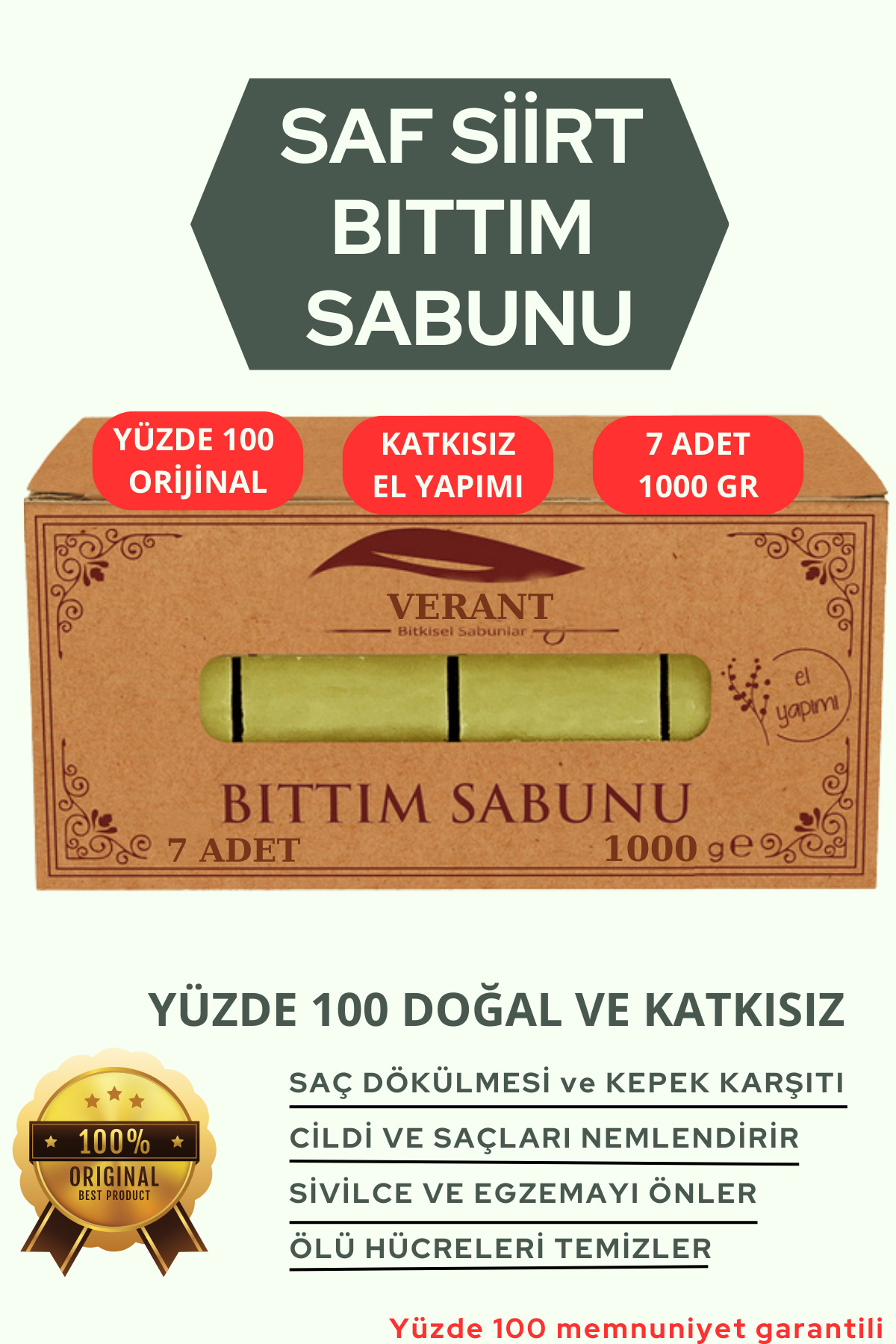 VERANT Hakiki Siirt Bıttım Sabunu 1 Kg (SAÇ DÖKÜLMESİ, KEPEK, SİVİLCE, KAŞINTI VE EGZEMA KARŞITI)