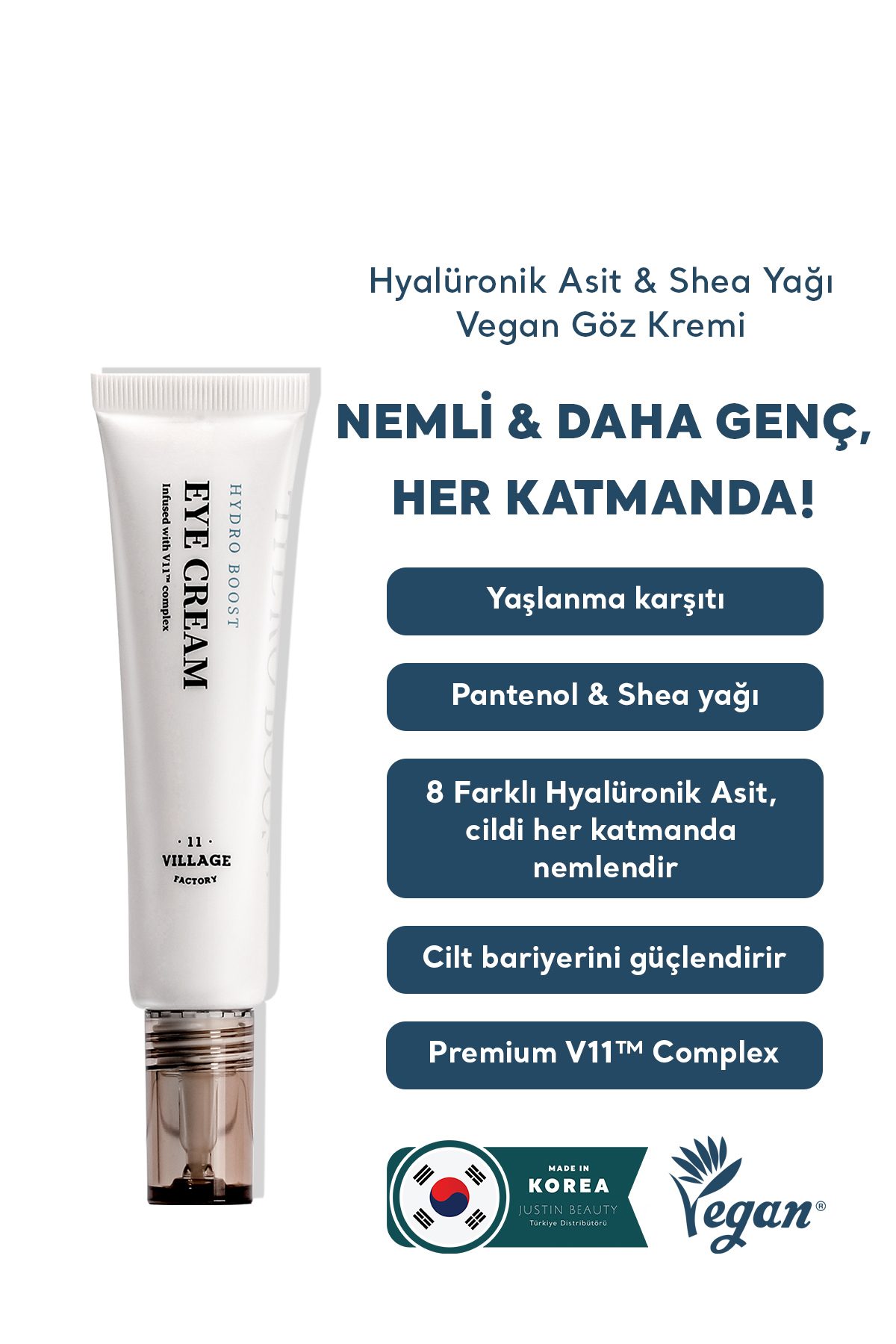 Village 11 Factory Hydro Boost Eye Cream - Nemlendirici Yaşlanma Karşıtı Vegan Hyalüronik Asit Göz Kremi 30ml