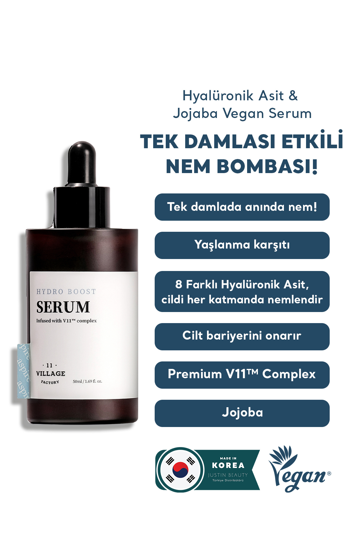 Village 11 Factory Hydro Boost - Vegan Nem Bombası Yaşlanma Karşıtı Hyalüronik Asit & Jojoba Nemlendirici Serum 50ml