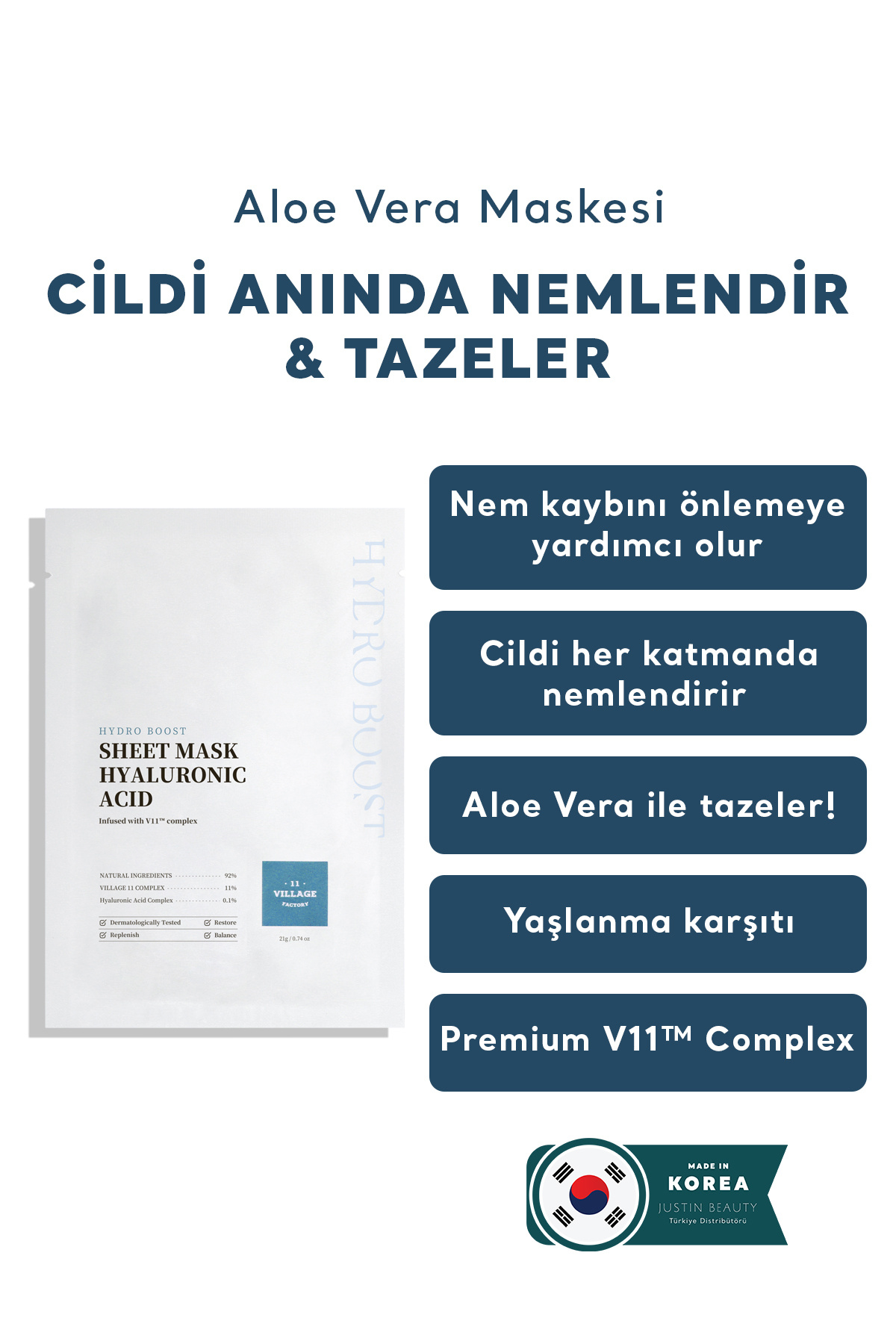 Village 11 Factory Hydro Boost Sheet Mask Hyaluronic Acid 21 Gr – Vegan Hyalüronik Asit Maskesi