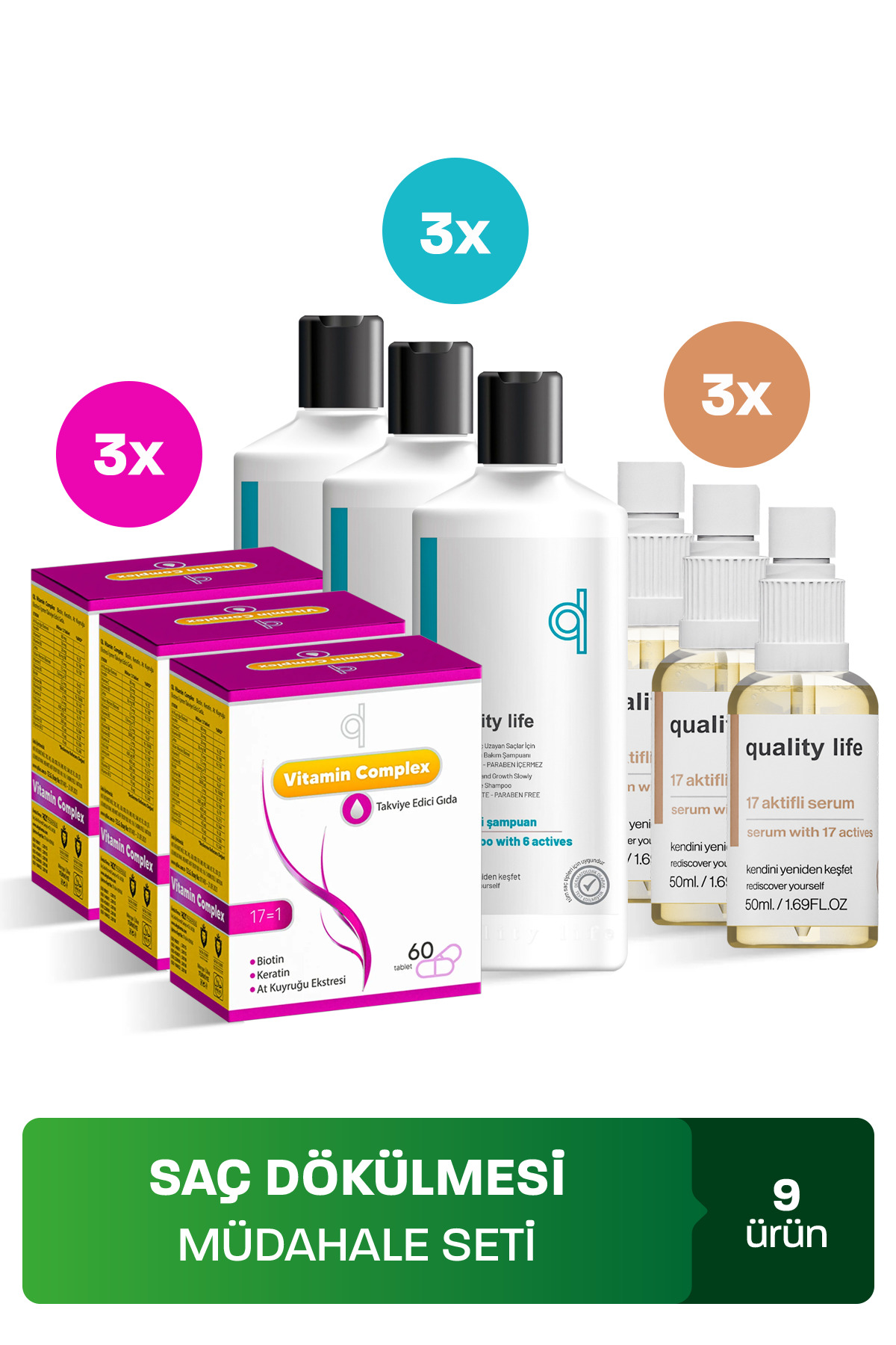 Quality Life Saç Dökülmesi Karşıtı Müdahale Seti (9 Ürün) - Dökülmesine Karşı Şampuan Serum Vitamin - Dökülme Set