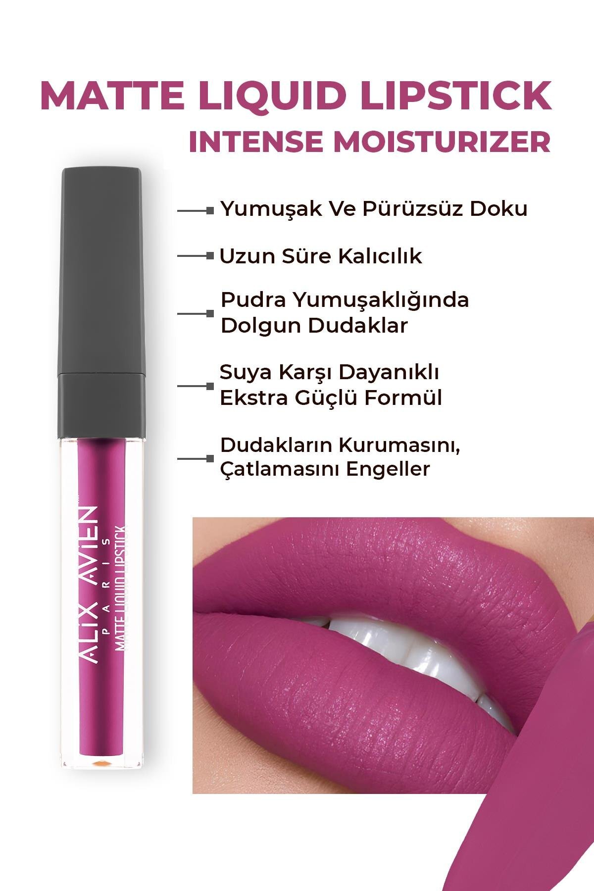 Alix Avien Uzun Süre Kalıcı Kadifemsi Kuruma Yapmayan Mat Likit Ruj - Matte Liquid Lipstick 516 True Fuchsia