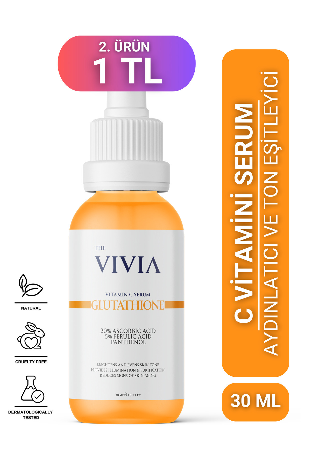 The Vivia Leke Karşıtı Aydınlatıcı C Vitamini Serum Glutatyon, %20 Askorbik Asit, %5 Ferulik Asit 30 ml