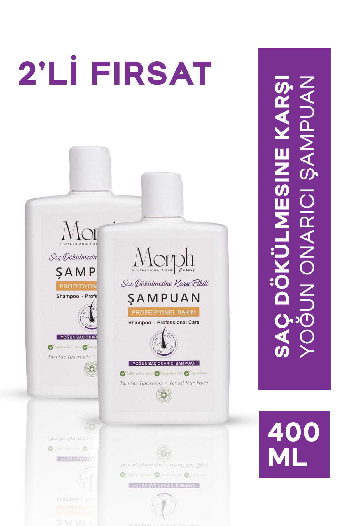 morphbeauty 2'li Bitkisel, Sülfatsız Saç dökülmesine karşı ve Kepek karşıtı yoğun onarıcı şampuan 400 ml