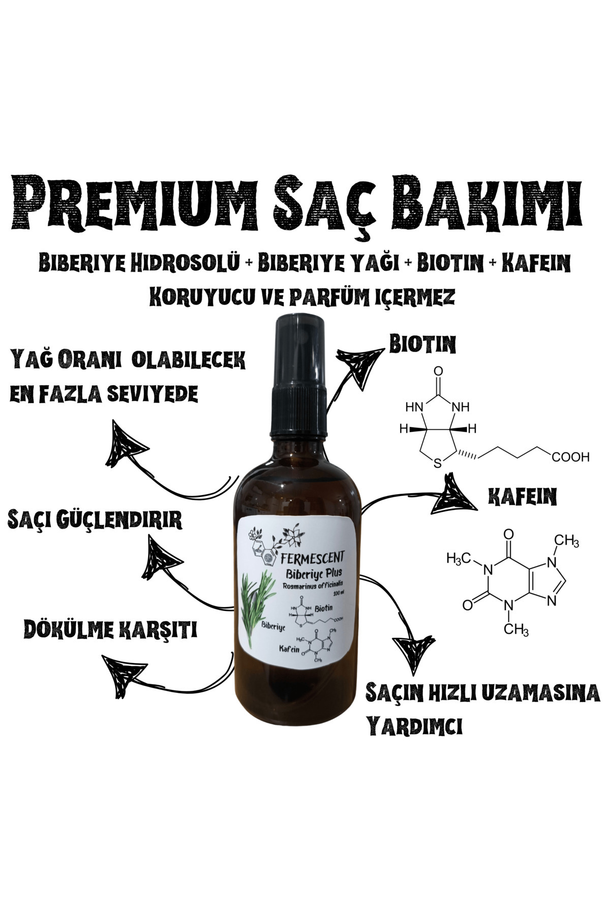 Fermescent Biberiye Plus - Biberiye Suyu Biotin Kafein Premium Saç Bakımı Dökülme Karşıtı 100 ml Rosemary