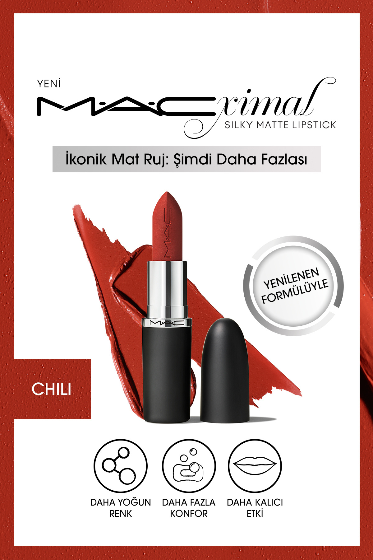 M.A.C CHİLİ 3.5 G M·a·cxımal Silky Matte Lipstick Nemlendirme Etkili Yoğun Renk Sağlayan Ruj