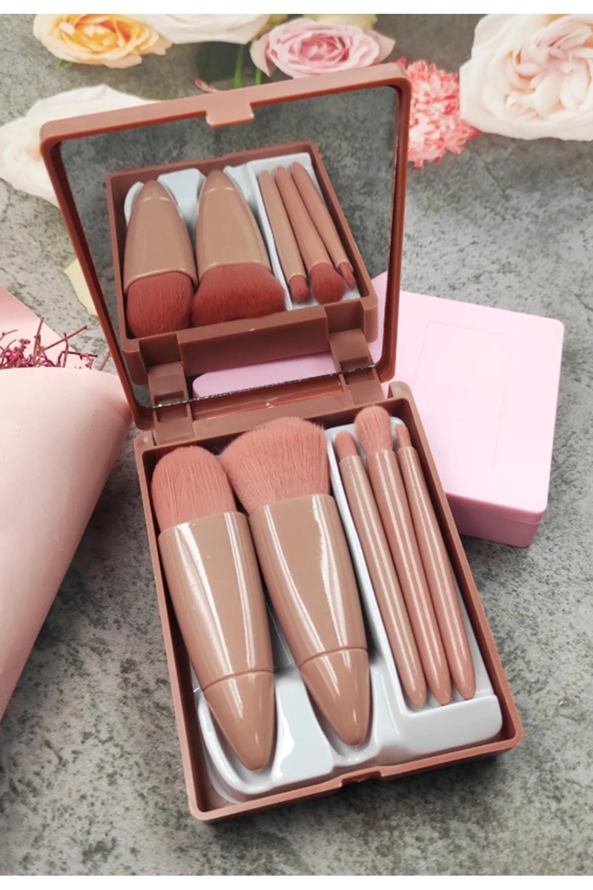 gaman C005 Taşınabilir 5 Parçalı Aynalı Profesyonel Makyaj Fırça Seti - Taşınabilir Mini 10.5cm Bakır Renk