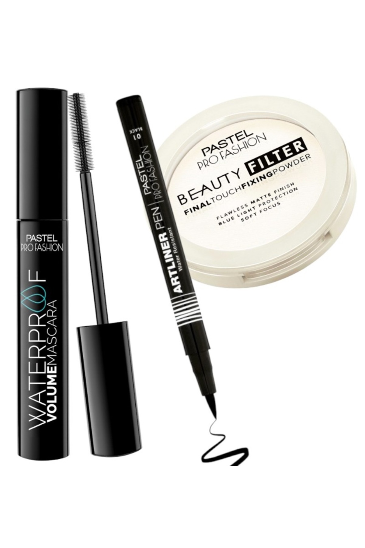 Pastel Waterproof Volume Maskara +Beauty Filter Fixing Pudra + Artliner Kalem Black