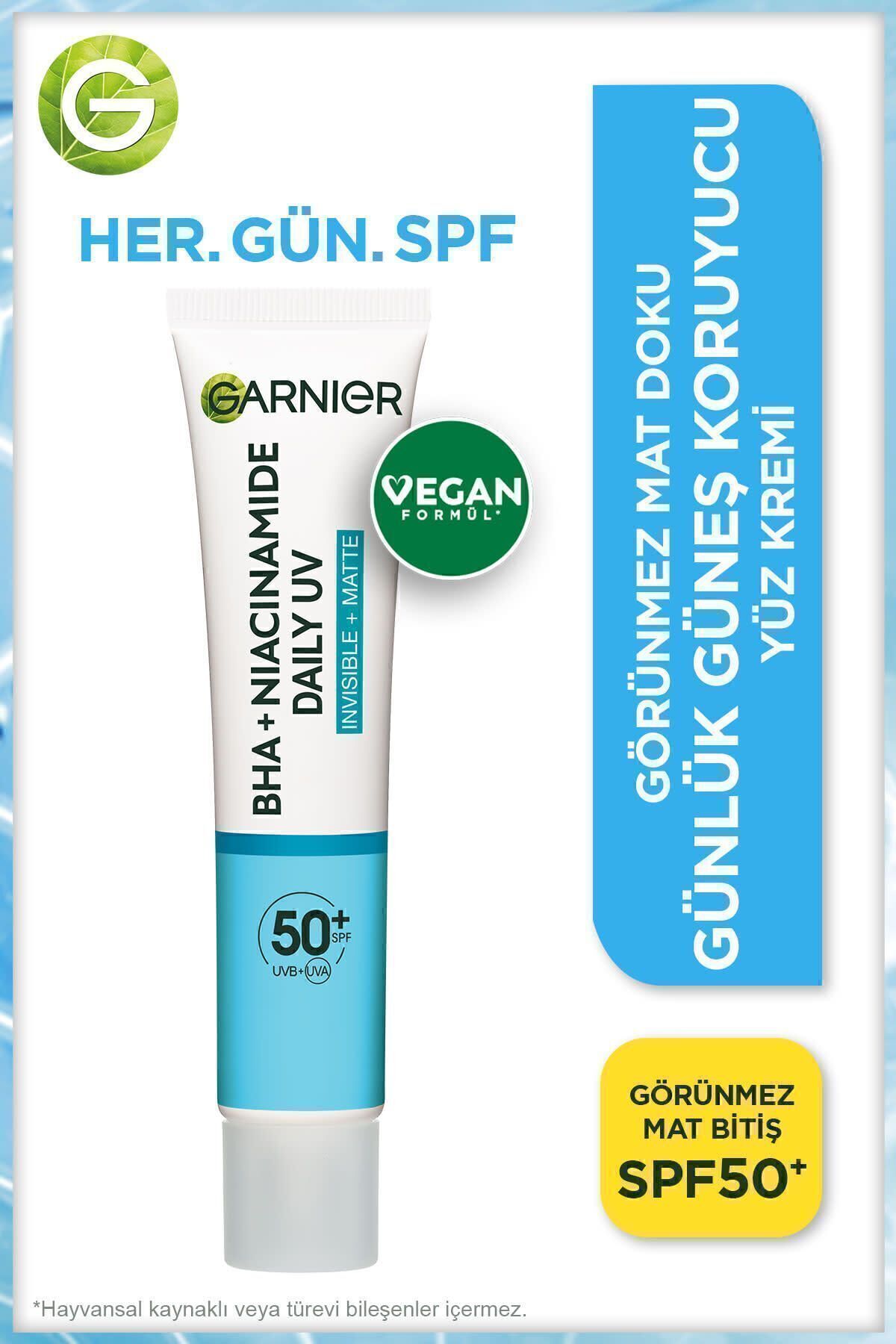 Garnier Saf ve Temiz Bha Niasinamid Yüz Güneş Kremi Görünmez Mat Doku SPF50+