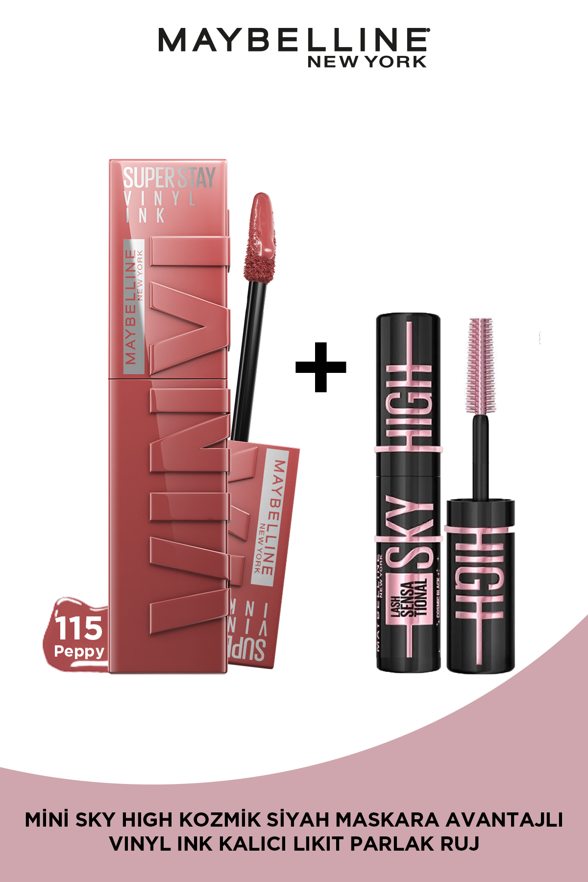 Maybelline New York Super Stay Vinyl Ink Uzun Süre Kalıcı Likit Parlak Ruj 115 Peppy &Mini Sky High Cosmic Black Maskara