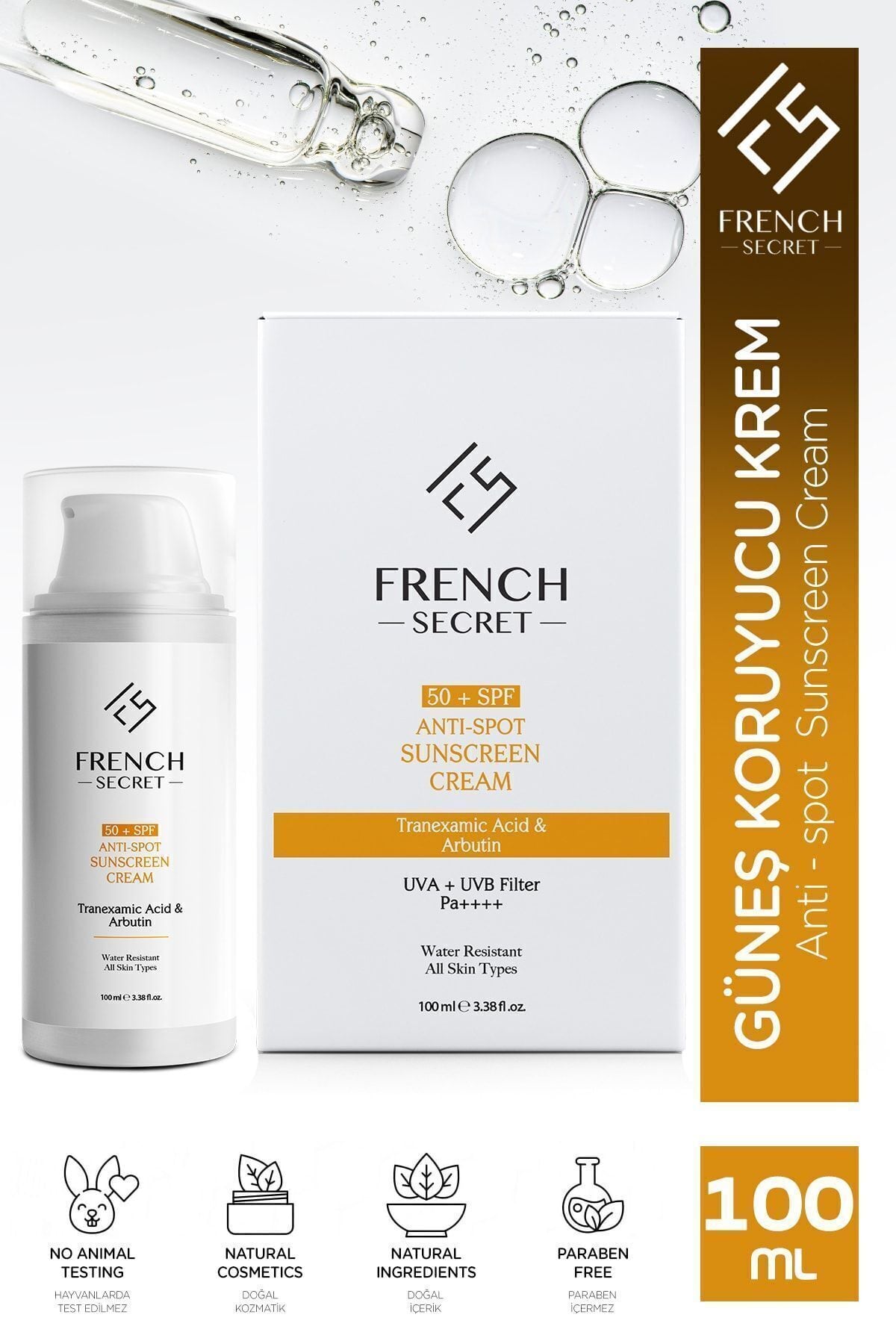 French Secret Yüksek Koruyucu Leke Karşıtı 50 +SPF Güneş Kremi 100 ml (Tranexamic Acid+Arbutin)
