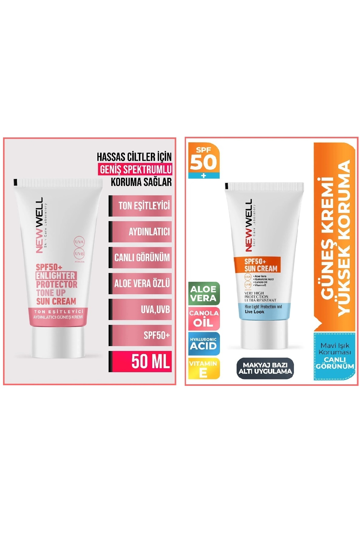 New Well Yüksek Koruma Spf 50+ Aloe Vera. Ve Ton Eşitleyici Spf50+ Aydınlatıcı Pembe Yüz Güneş Kremi 50 Ml