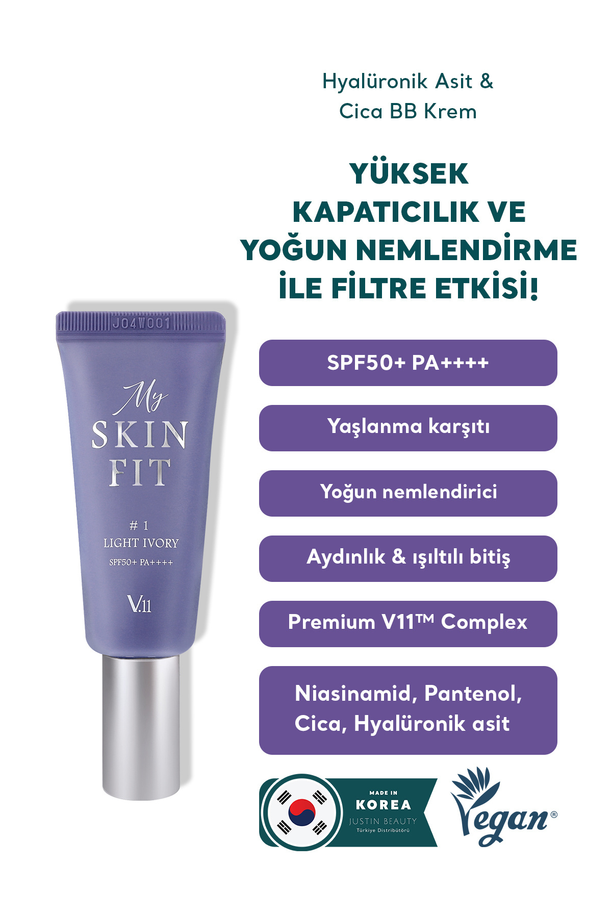 Village 11 Factory Village11 Factory My Skin Fit BB Cream SPF 50+ PA++++ Light Ivory 20ml- Hyalüronik Asit&Cica BB Krem