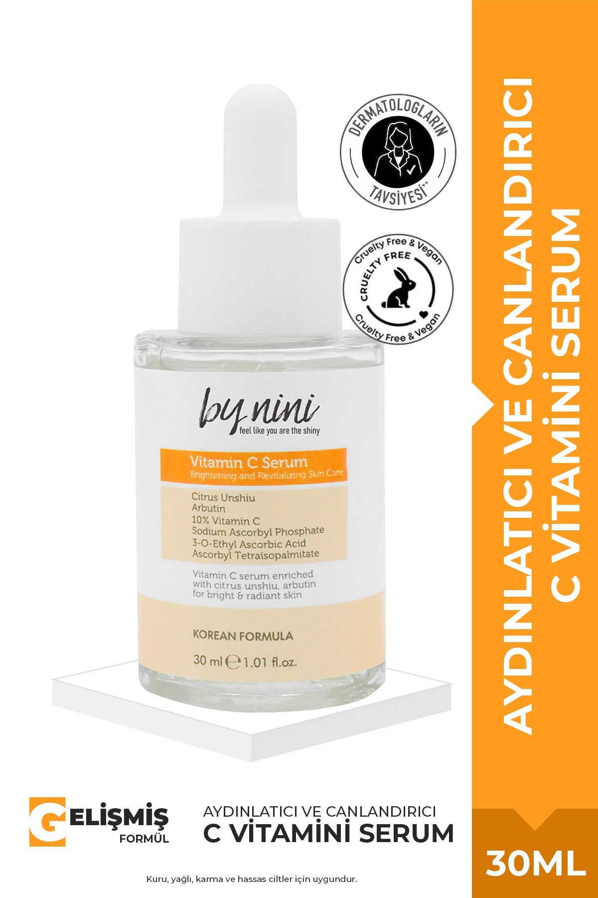 By Nini Arbutin, Leke ve Akne Karşıtı, Bariyer Onarıcı, Işıltılı ve Aydınlatıcı C Vitamini Serum 30 ML