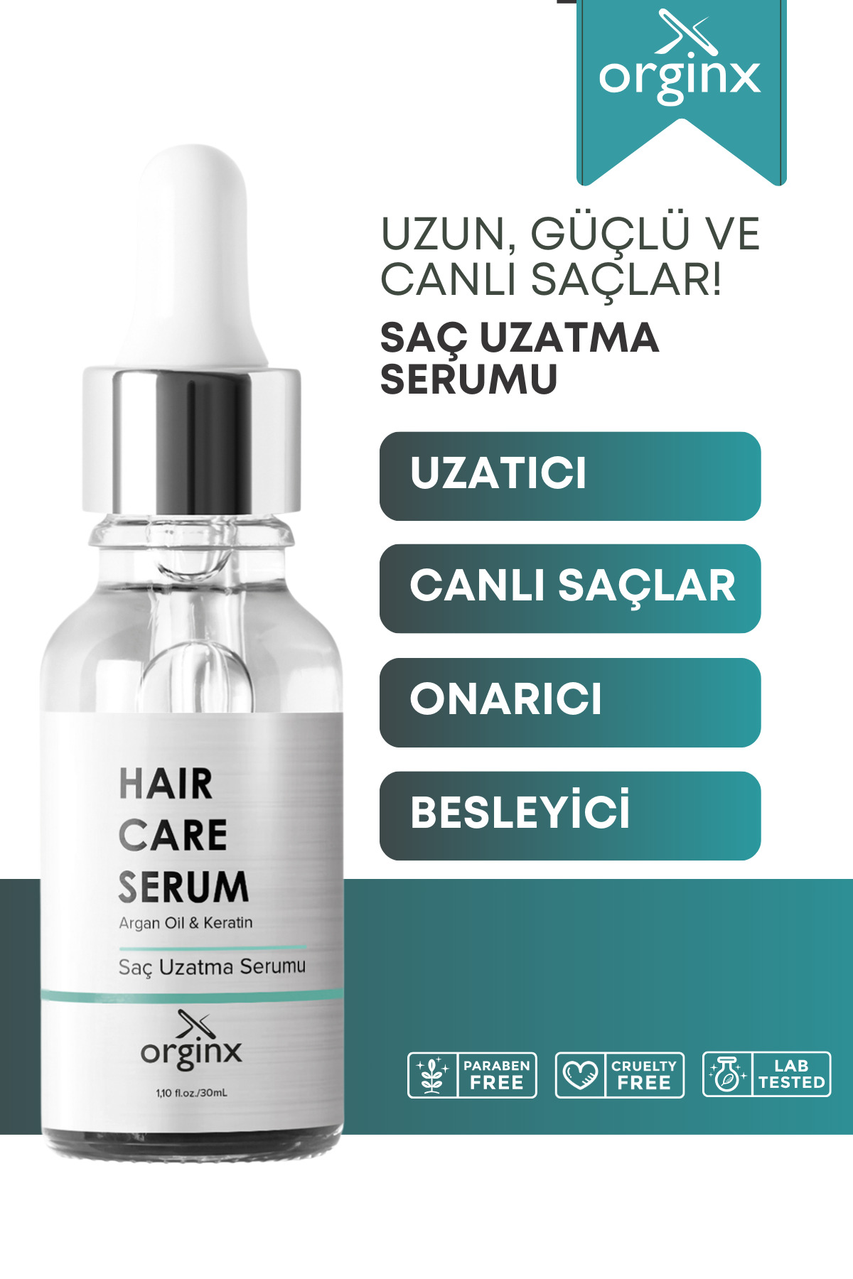 Orginx Yavaş Uzayan Ve Aşırı Yıpranmış Saçlar Için Saç Uzatma Serumu Argan Ve Keratin Özlü 30 ml