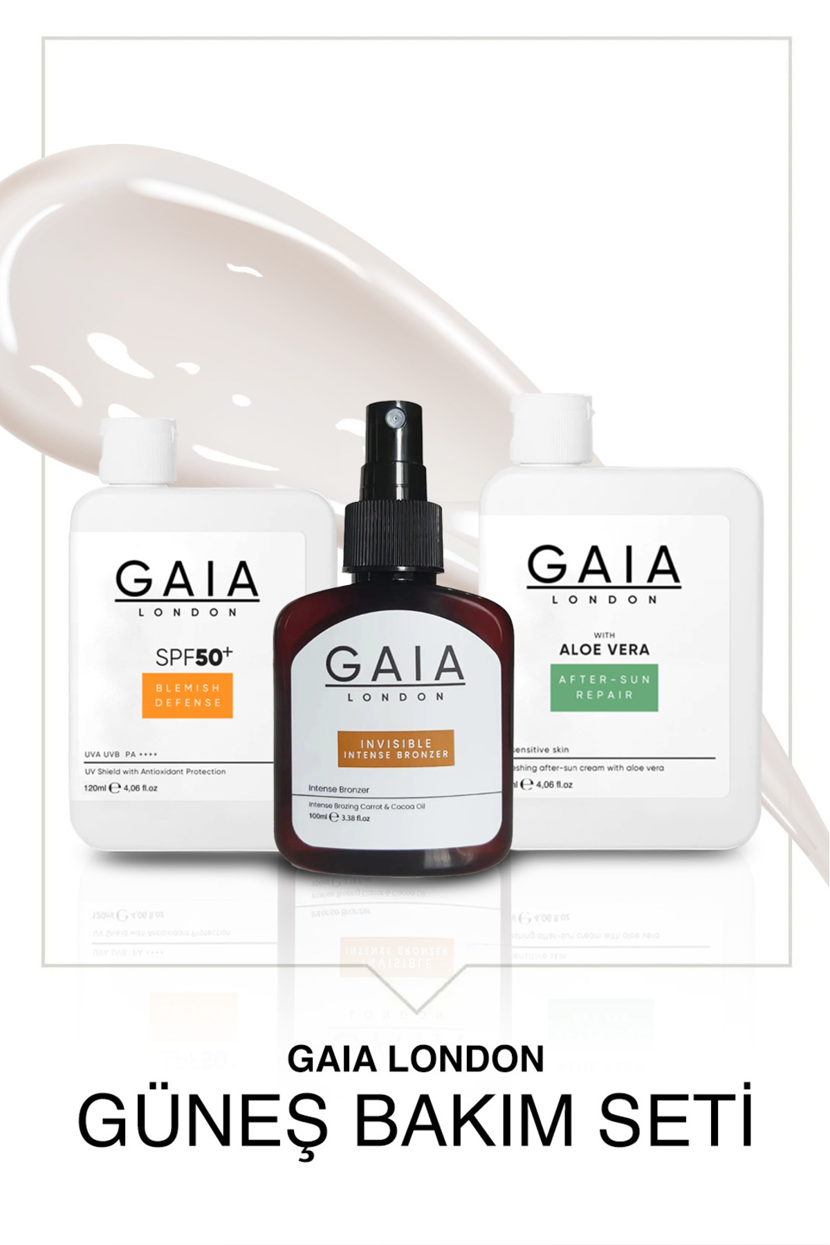 Gaia London Güneş Bakım Seti 3 Lü (BLEMISH DEFENSE-ALOE VERA-İNVİSİBLE INTENSE BRONZER)