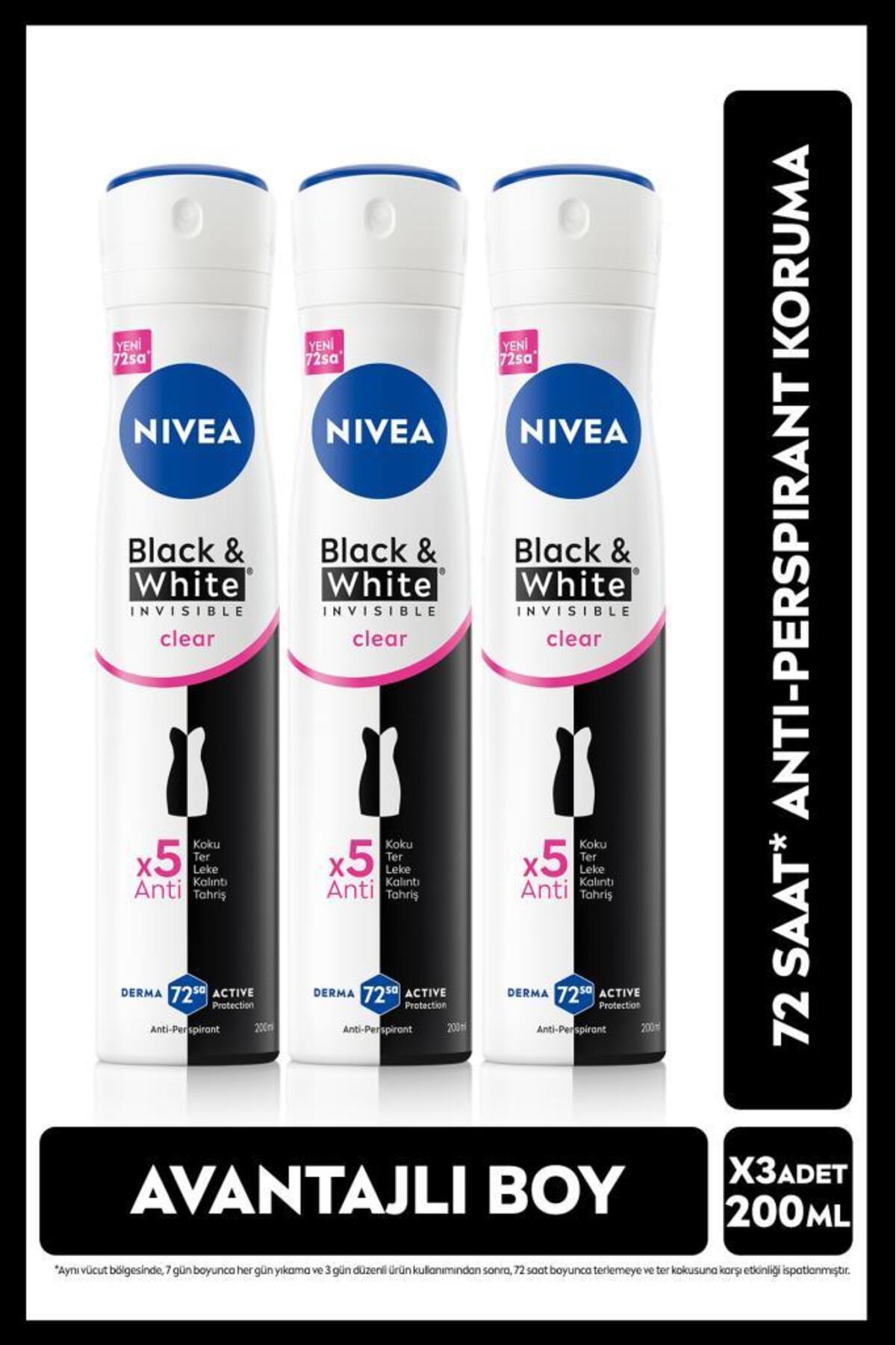 NIVEA Kadın Sprey Deodorant Black&white Invisible Clear 48 Saat Anti-perspirant Koruma 200mlx3adet