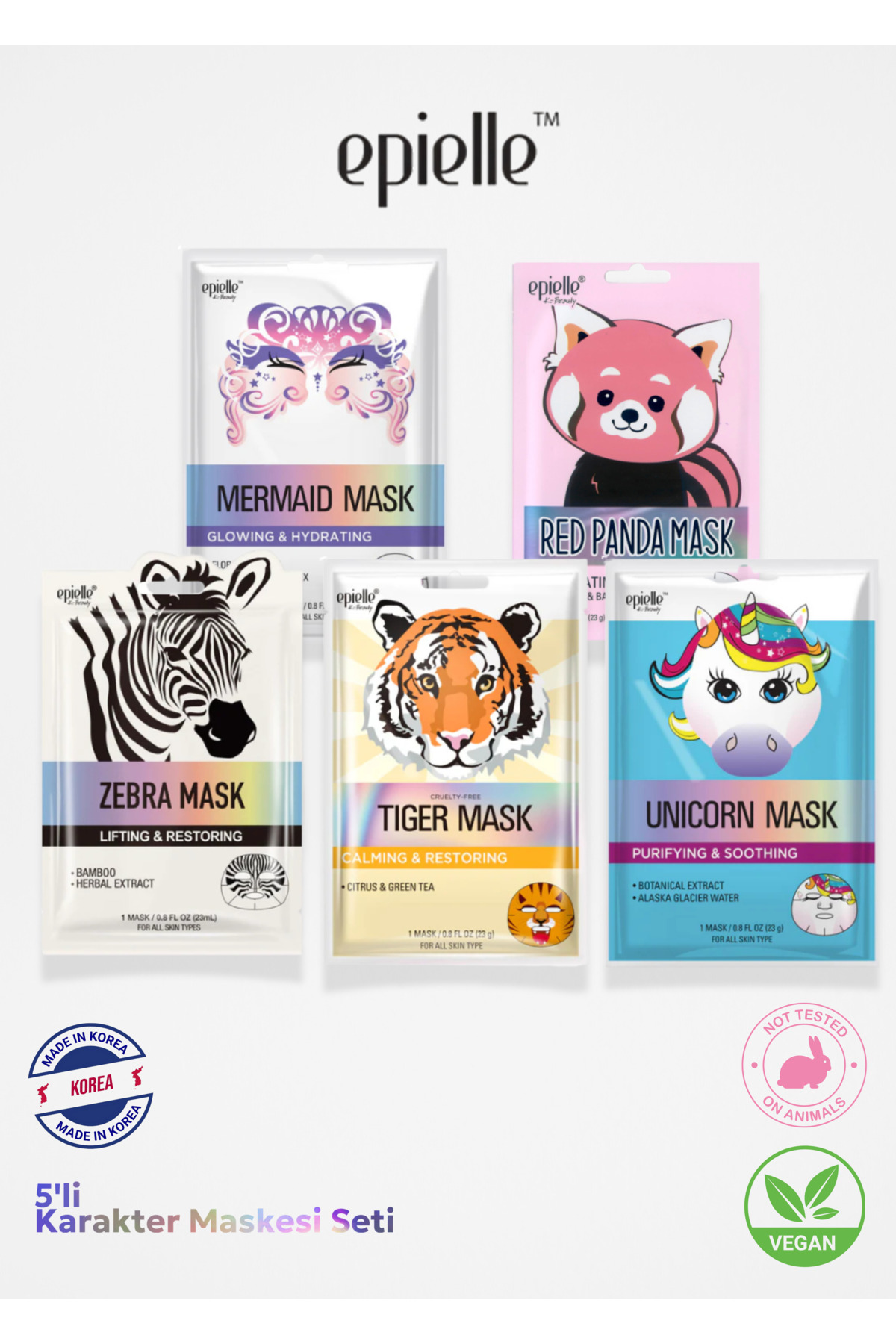 Epielle 5’li Karakter Yüz Maskesi Seti – Deniz Kızı, Kırmızı Panda, Zebra, Kaplan, Unicorn