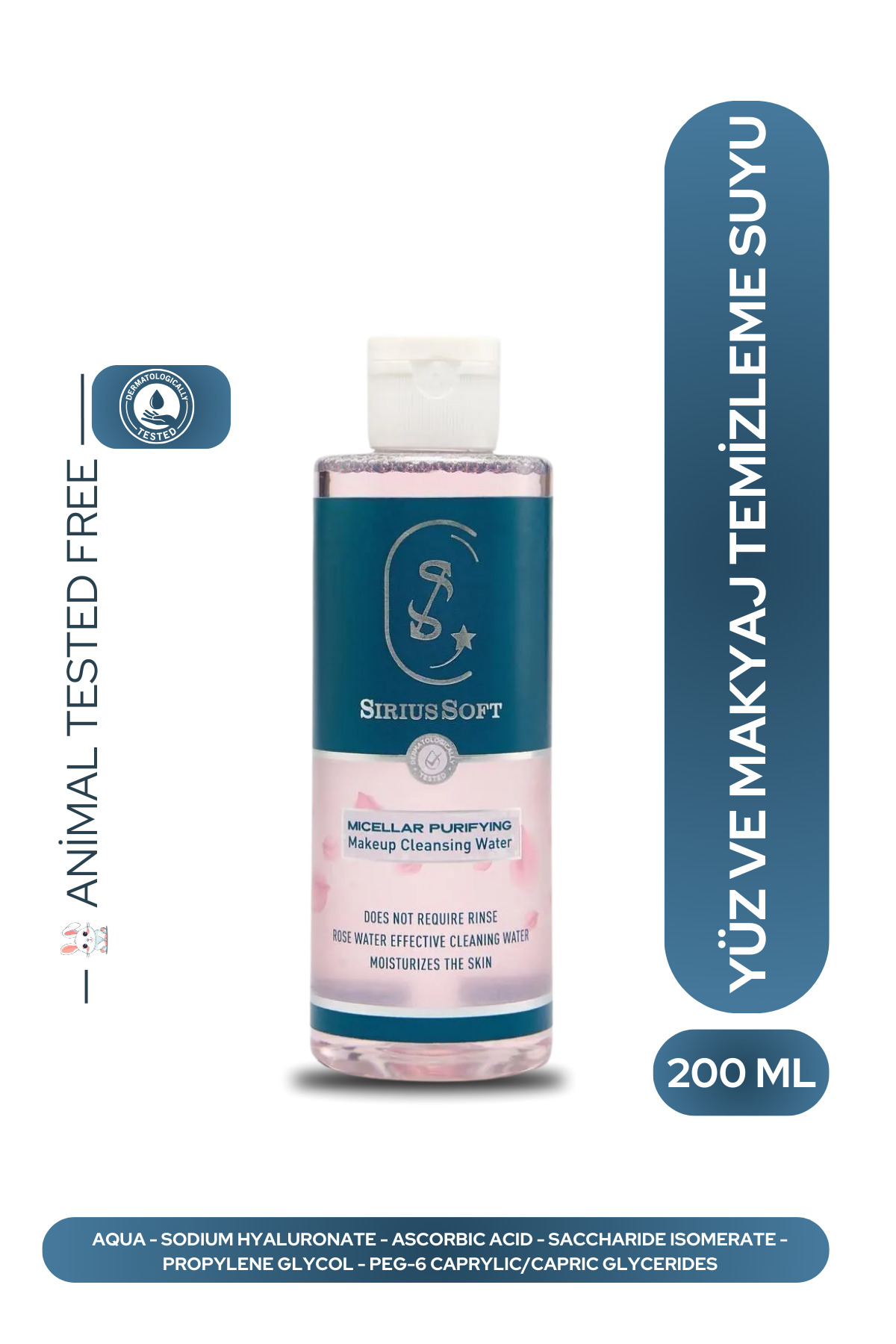 SiriusSoft Micellar Yüz Ve Makyaj Temizleme Suyu Organik Tüm Ciltlere Antioksidan Nemlendirici 200 ml