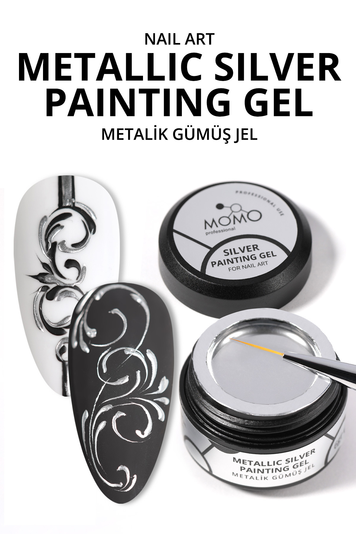 MOMO professional Metallic Silver Painting Gel, Nail Art Jel, Gümüş, 6 gr, TPO- FREE