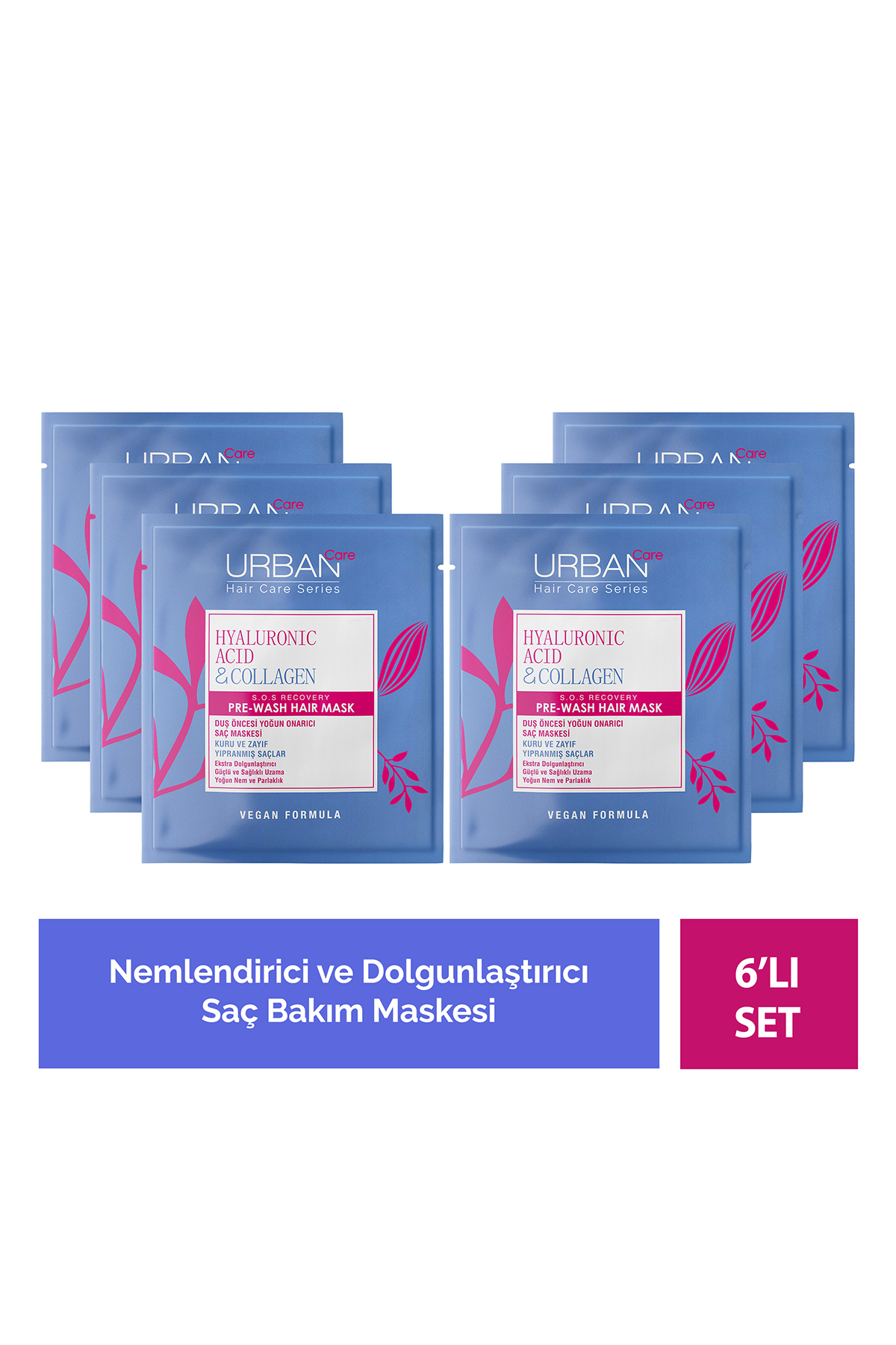 Urban Care Hyaluronik Asit & Kolajen Kuru ve Cansız Saçlara Özel Duş Öncesi Saç Bakım Maskesi 6x50ml-vegan