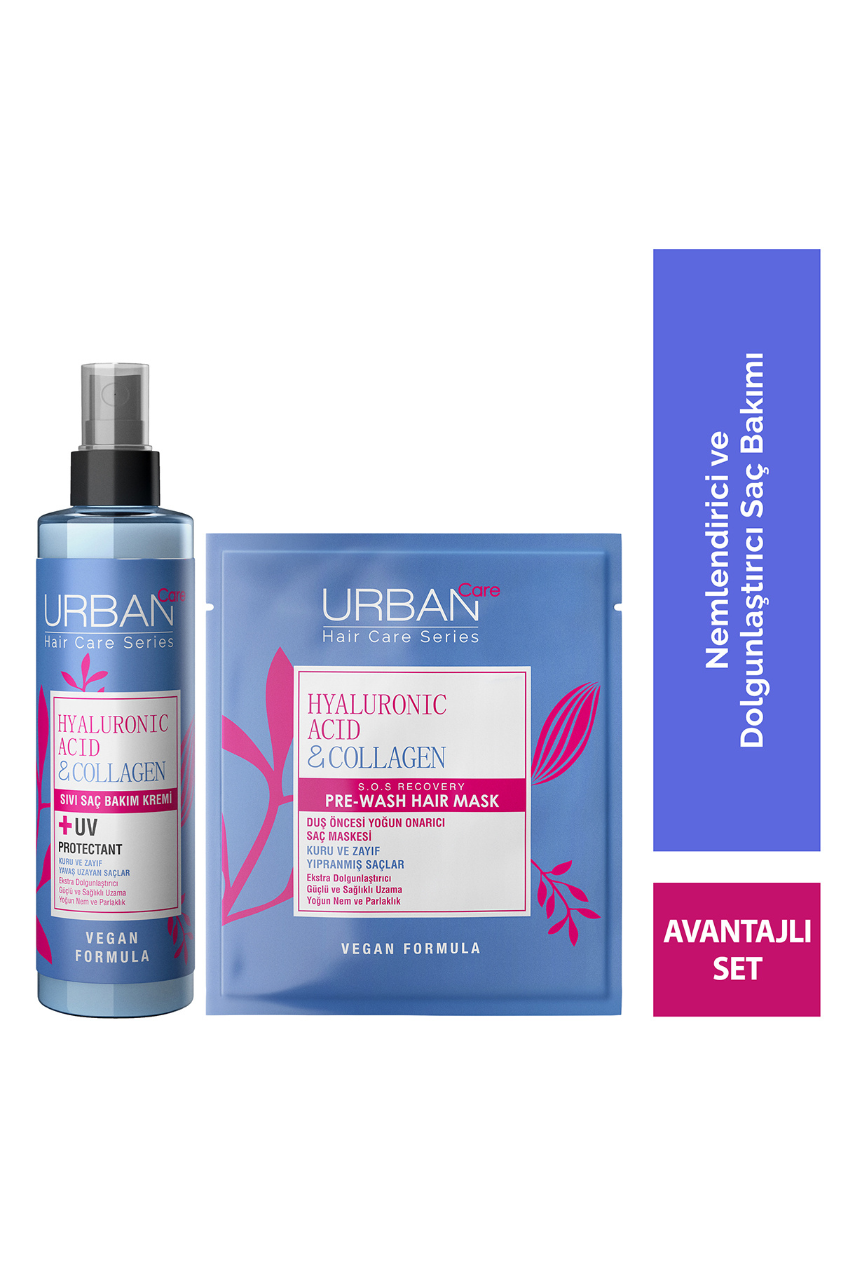 Urban Care Hyaluronik Asit & Kolajen Kuru ve Cansız Saçlara Özel Sıvı Krem ve Maske Set-vegan
