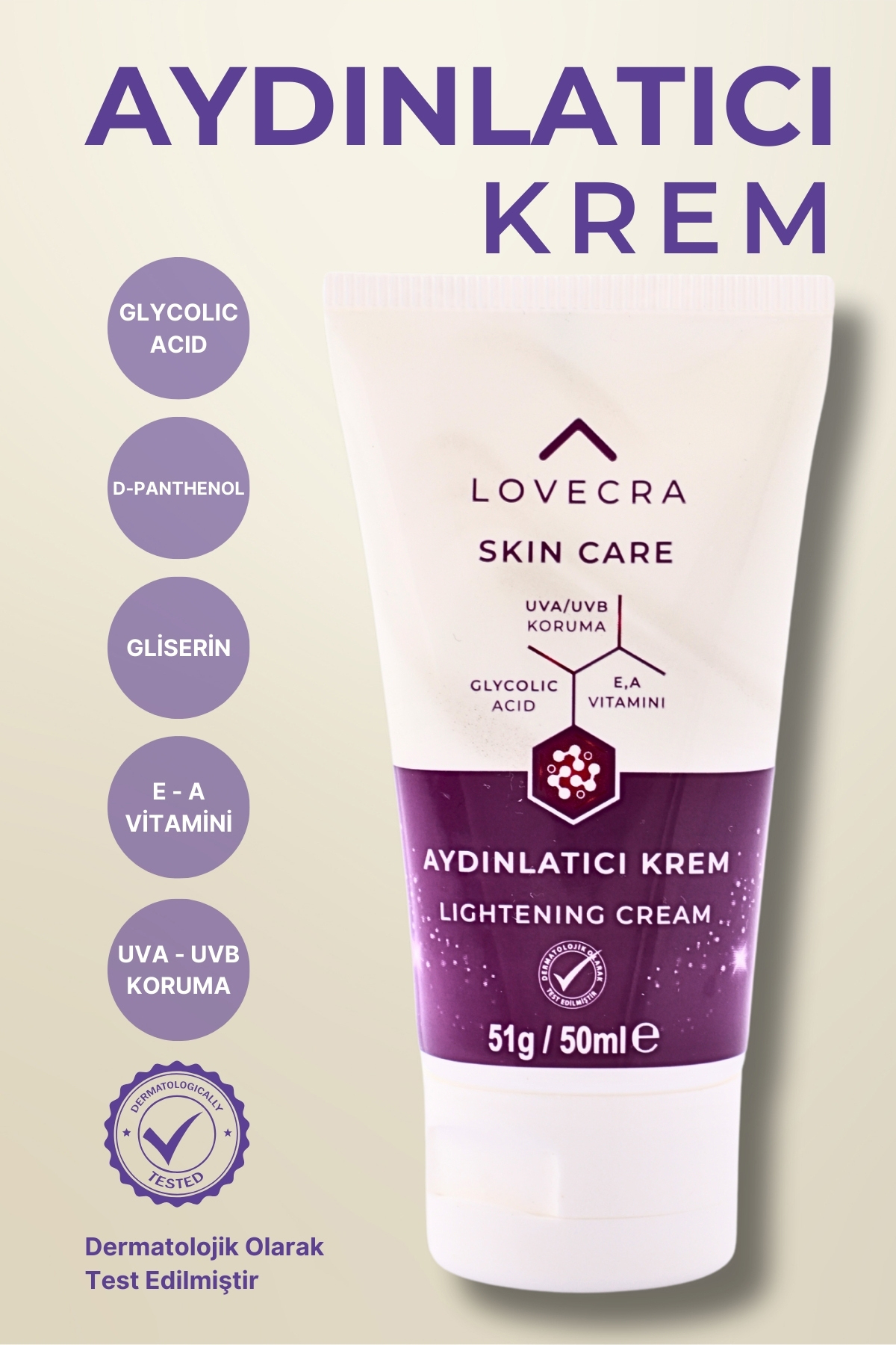 LOVECRA Aydınlatıcı Krem El bakım E & A Vitamini Ton Eşitleyici Nemlendirici Gliserin AHA D-Panthenol 50ml