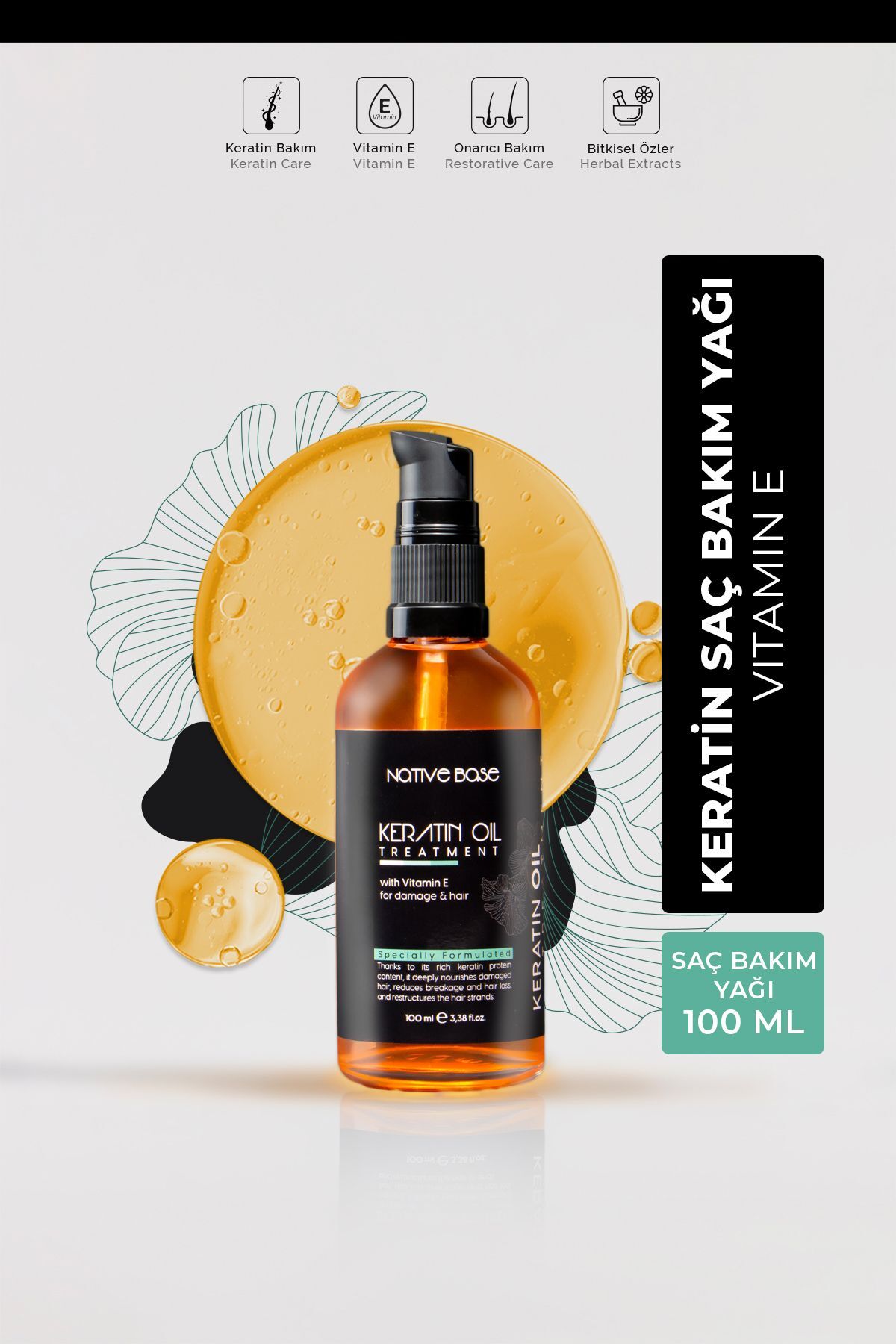 Native Base Keratin Yağı 100 ml Yanmış ve Aşırı Yıpranmış Saçlar İçin Besleyici Onarıcı Parlaklık Sağlar