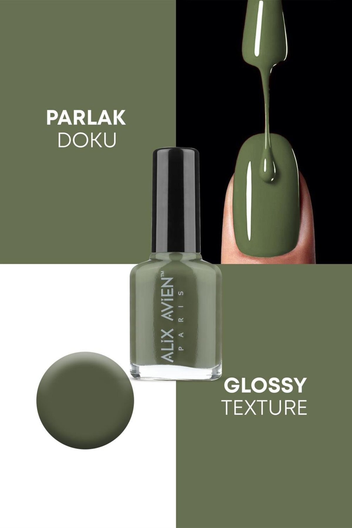 Alix Avien Haki Yeşil 44 - Yüksek Pigmentli Uzun Süreli Kalıcılık Hızlı Kuruma - Nail Lacquer 44