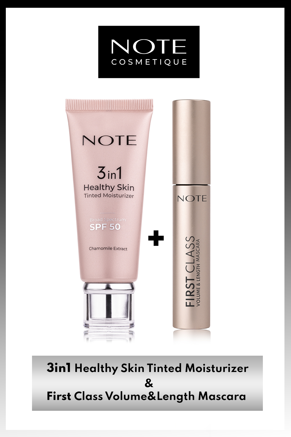 NOTE 3 In 1 Tinted Ton Eşitleyici 50 SPF Krem & First Class Hacim ve Uzatma Etkili Maskara Makyaj Seti