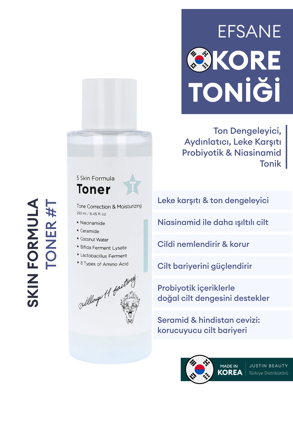 Village 11 Factory T Skin Formula Toner - Ton Dengeleyici, Aydınlatıcı Leke Karşıtı Probiyotik & Niasinamid Tonik 250ml