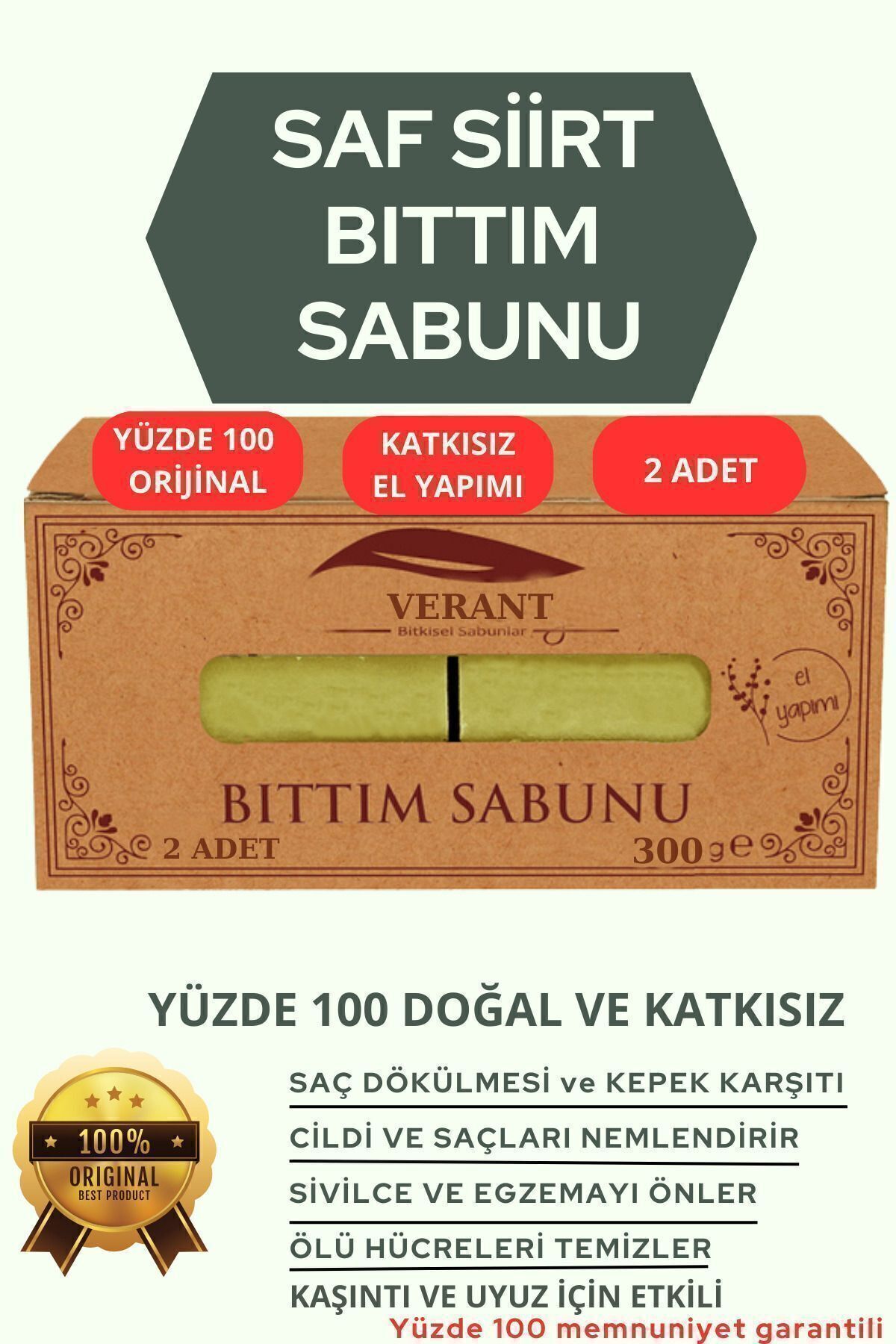 VERANT Hakiki Siirt Bıttım Sabunu (300 GR) (SAÇ DÖKÜLMESİ, KEPEK, SİVİLCE, KAŞINTI VE EGZEMA KARŞITI)