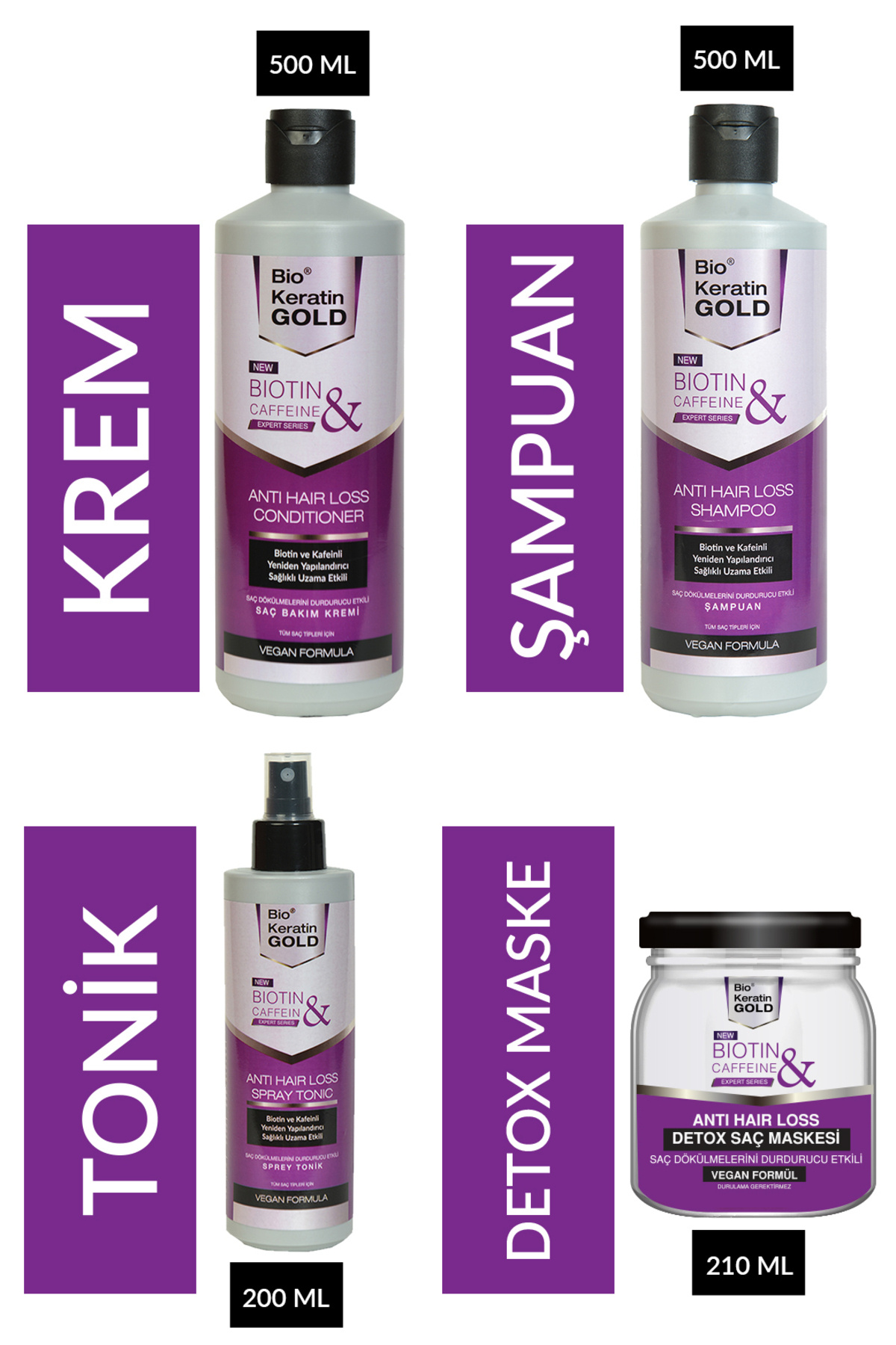 Bio Keratin Gold Biotin & Kafein Dökülme Karşıtı Saç Toniği Şampuan Saç Bakım Kremi Saç Detoxu 4'lü Set
