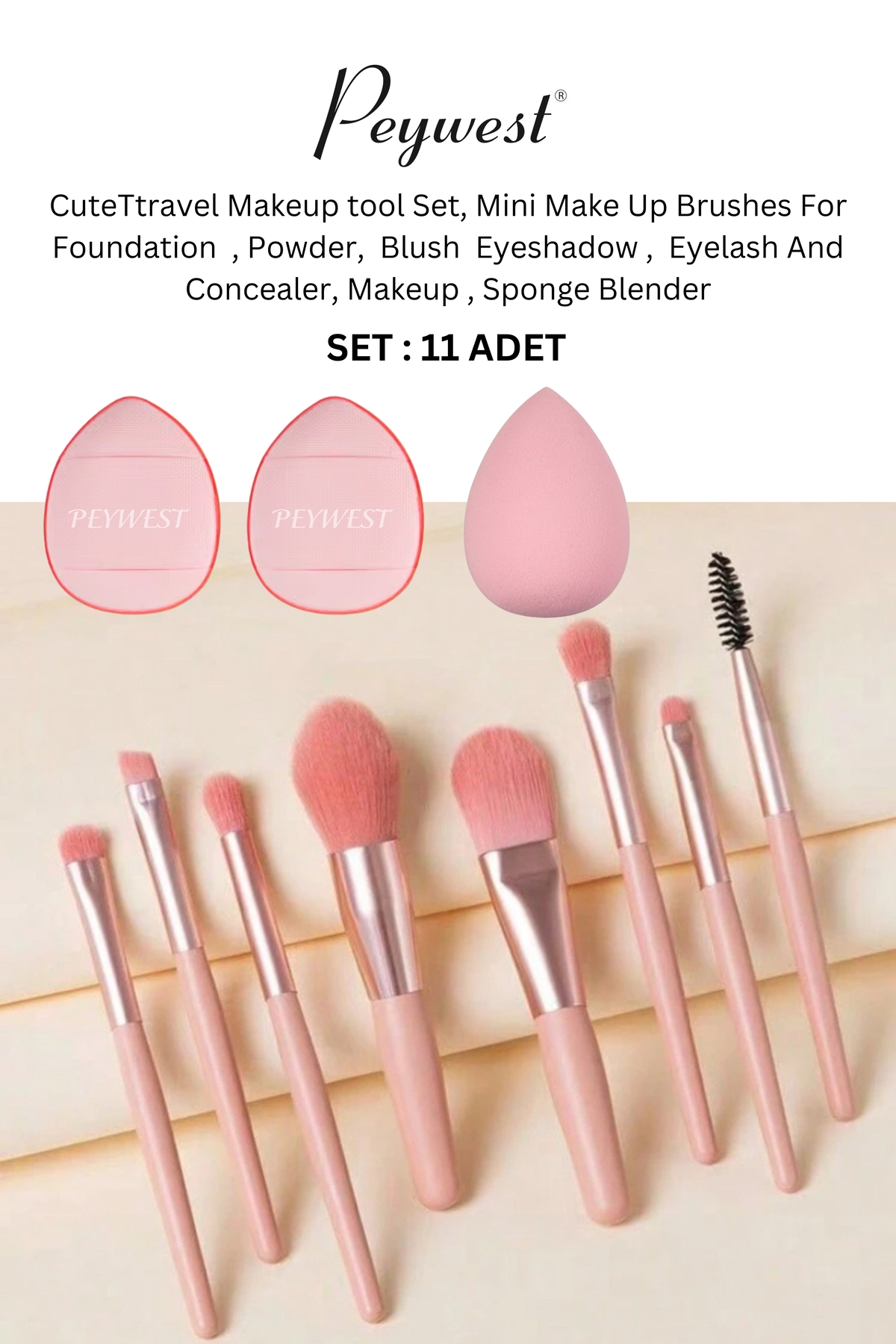PEYWEST Mini Travel Boy Pembe 11 Parça Çantalı Makyaj Fırçası Ve Finger Parmak Süngeri Seti Çantaya Atmalık
