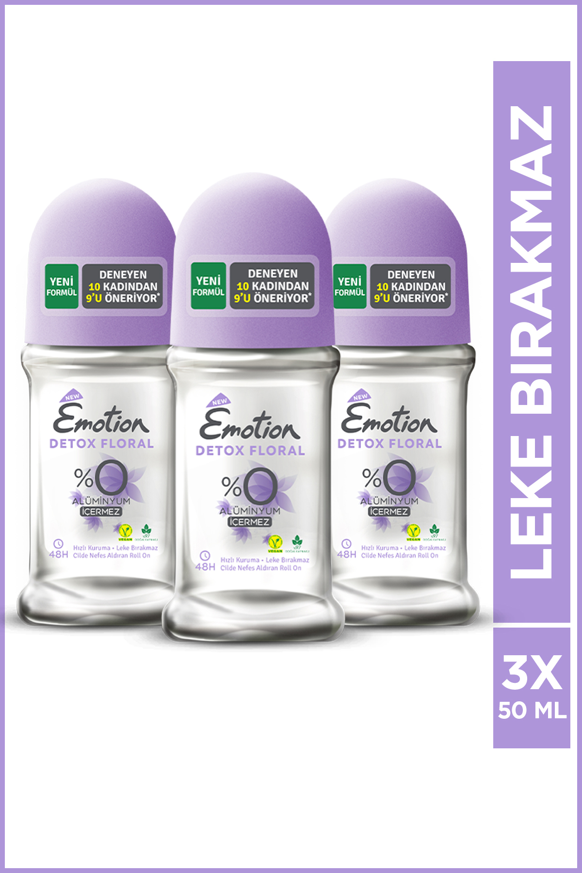 Emotion Detox Floral Kadın Alüminyumsuz Vegan Roll On 3x50 Ml Hızlı Kurur Leke Bırakmaz